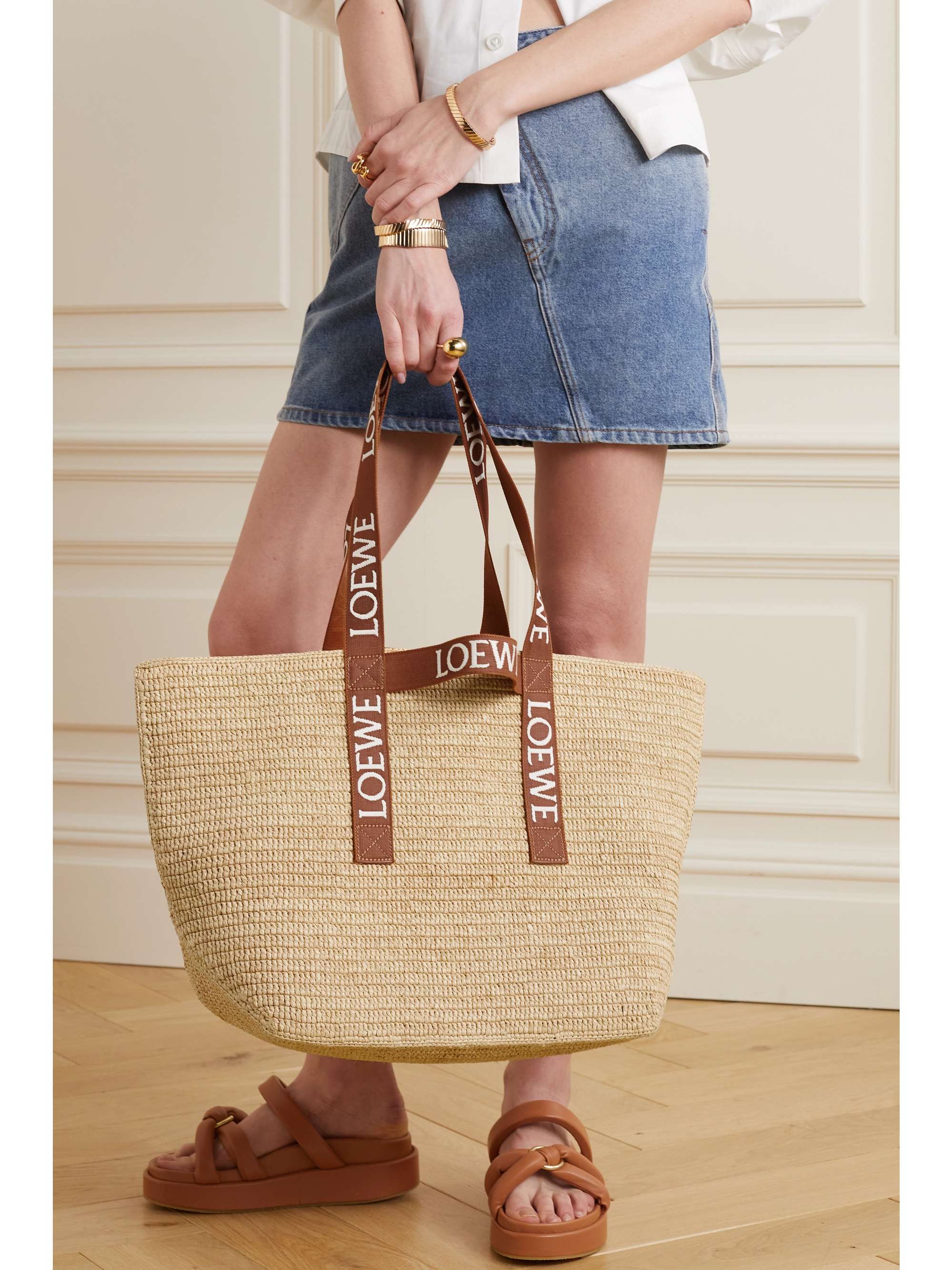 LOEWE Canvas-trimmed raffia tote