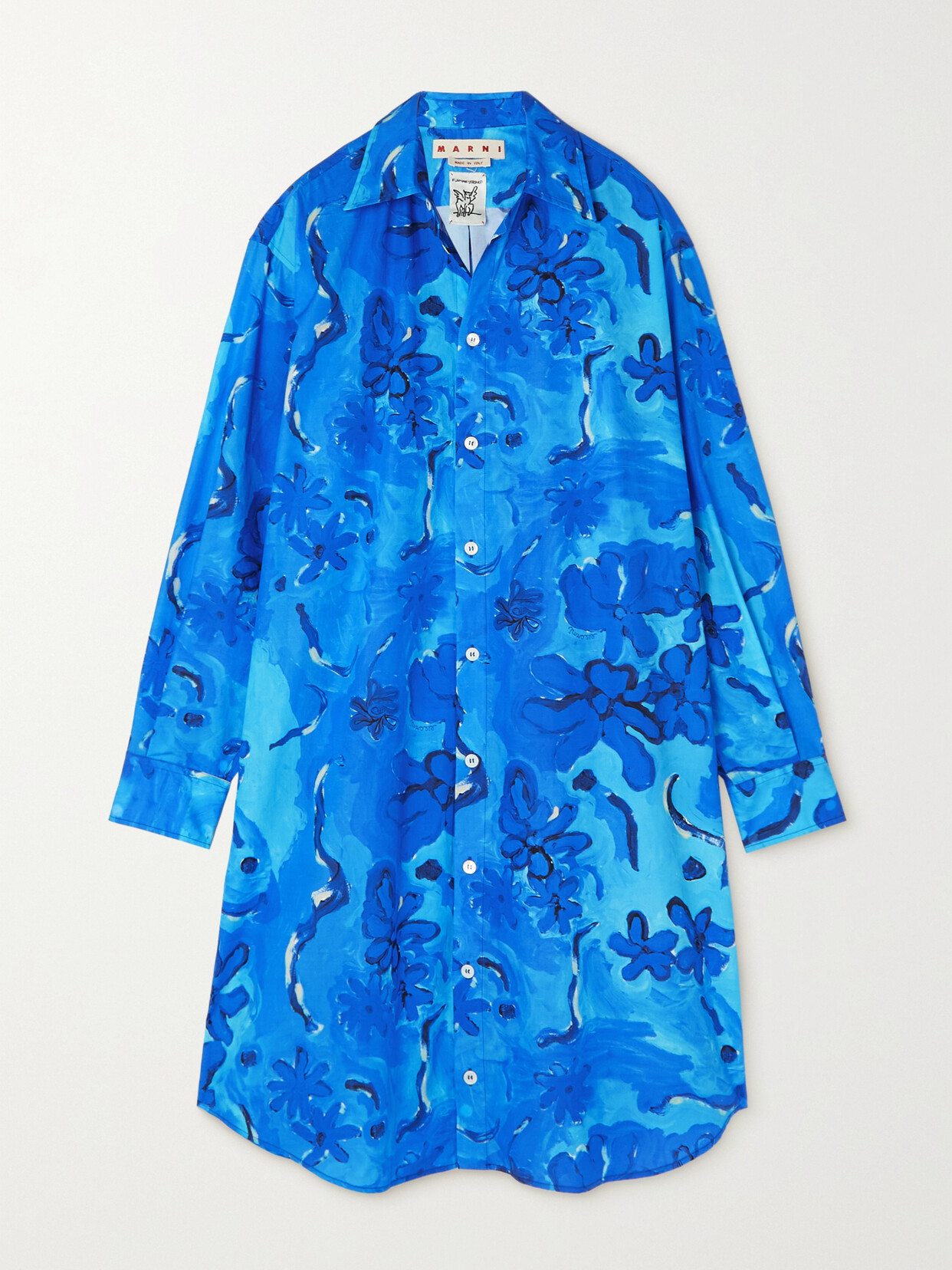 Marni - Floral-print Cotton-poplin Shirt Dress - Blue