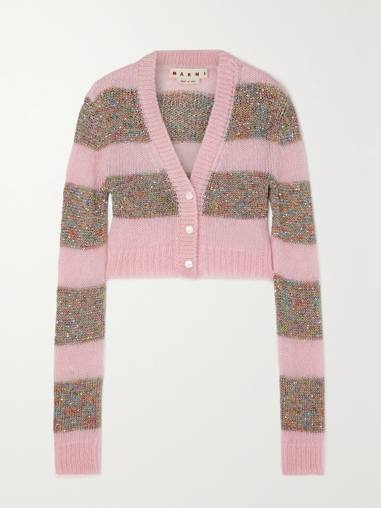 Marni - Cropped Sequin-embellished Striped Knitted Cardigan - Pink