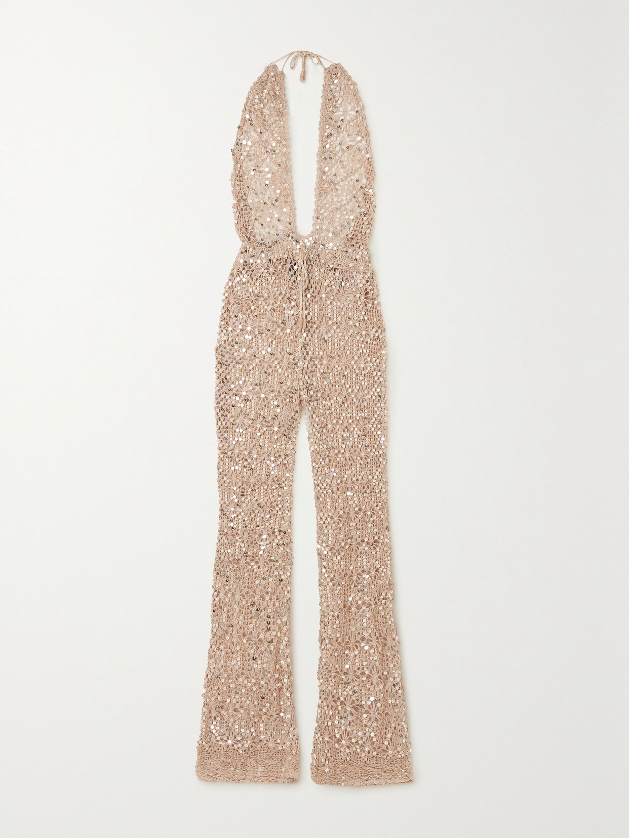 Retrofête - Sequined Crocheted Halterneck Jumpsuit - Rose gold