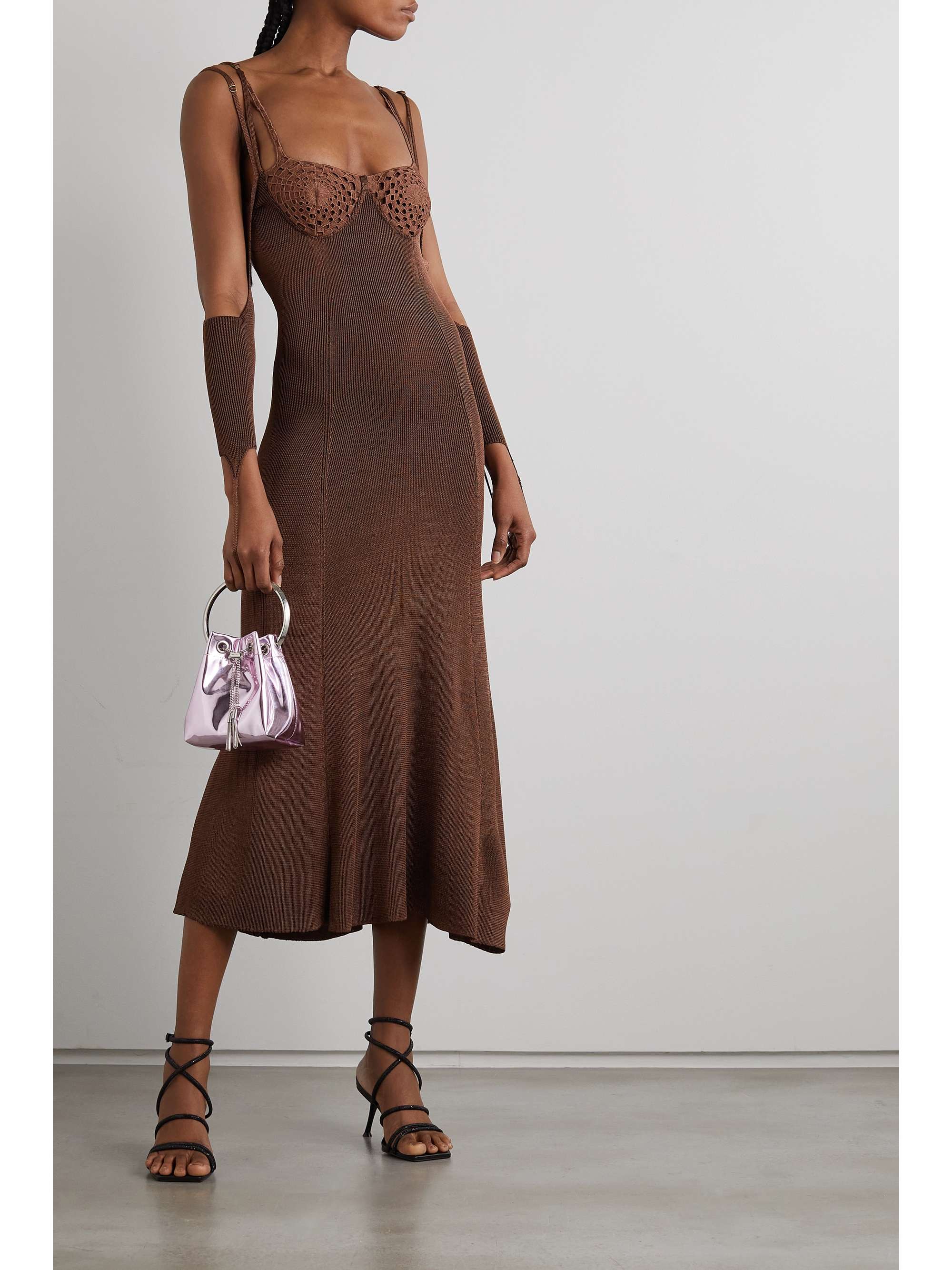 Brown Other Reality open-back crochet-trimmed knit midi dress | ISA ...