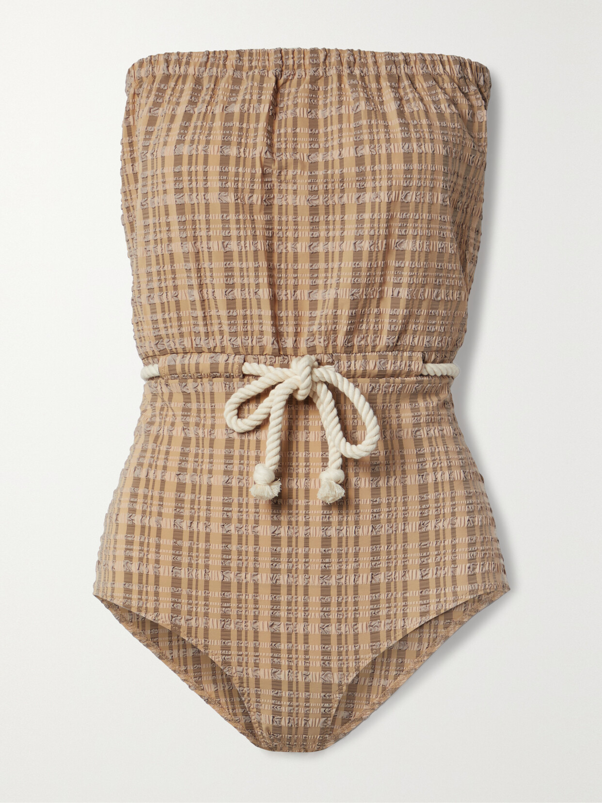 Lisa Marie Fernandez - Victor Strapless Rope-detailed Seersucker Swimsuit - Brown