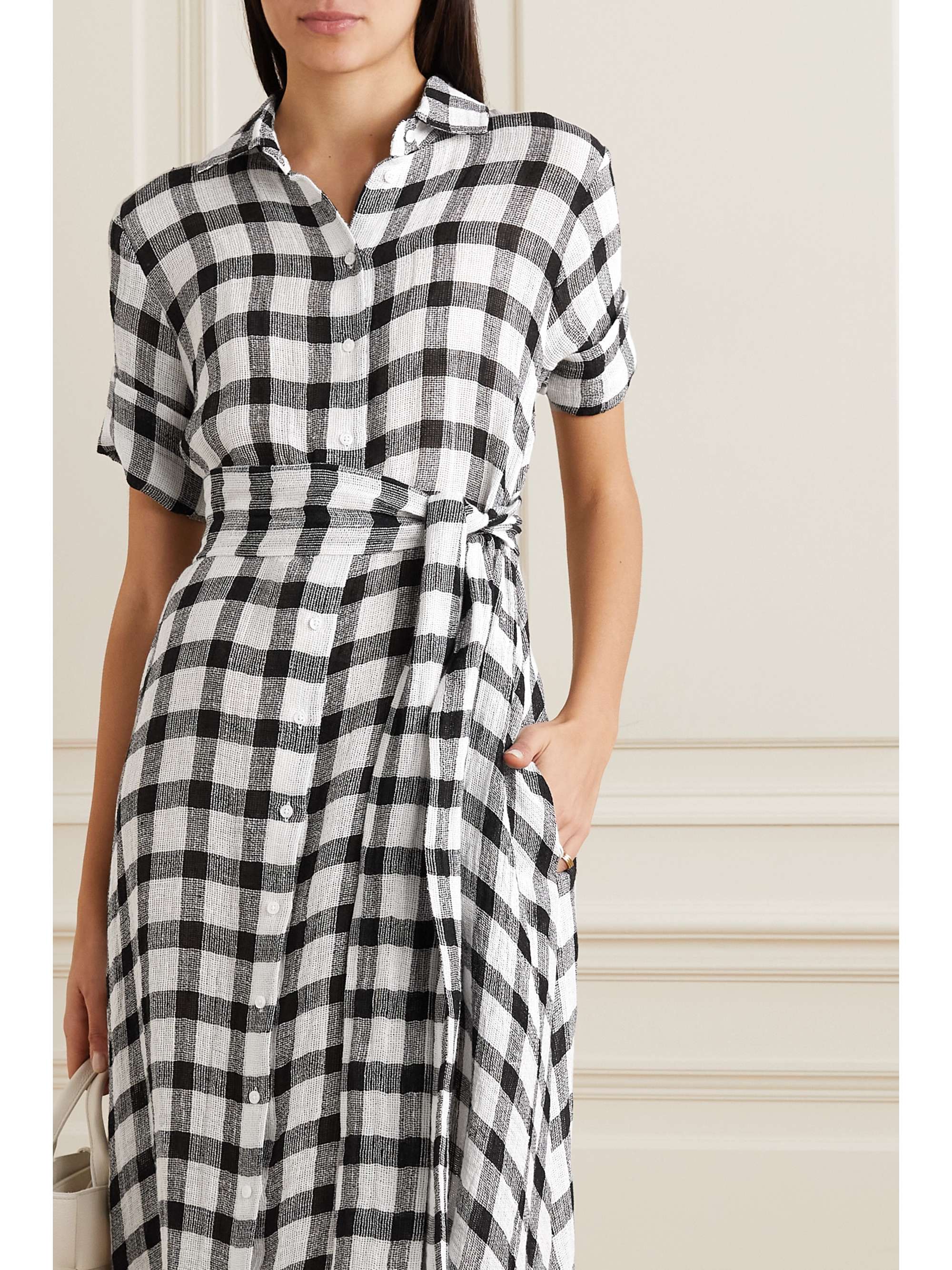 Belted gingham linen-blend gauze midi shirt dress