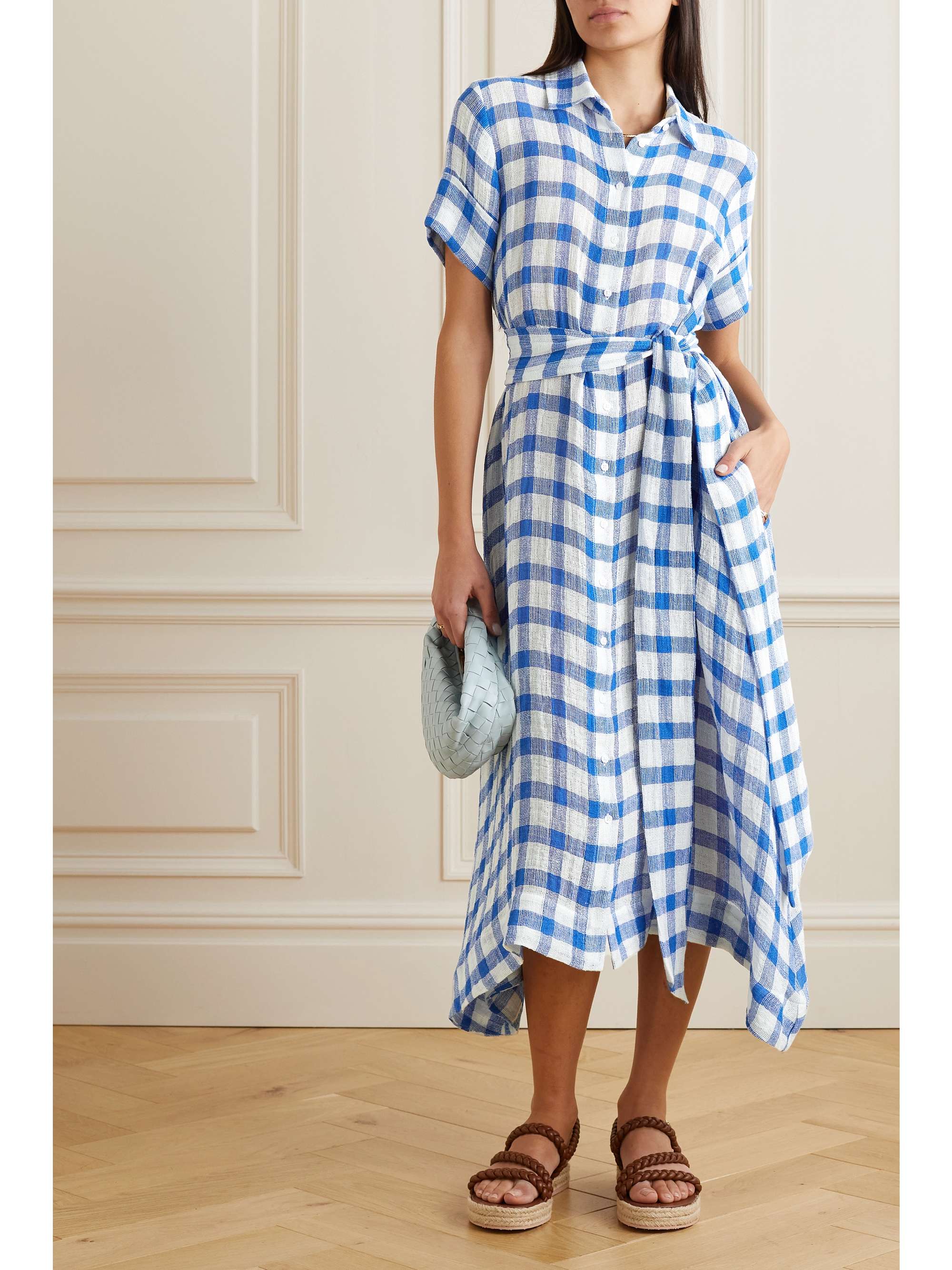 Belted gingham linen-blend gauze midi shirt dress