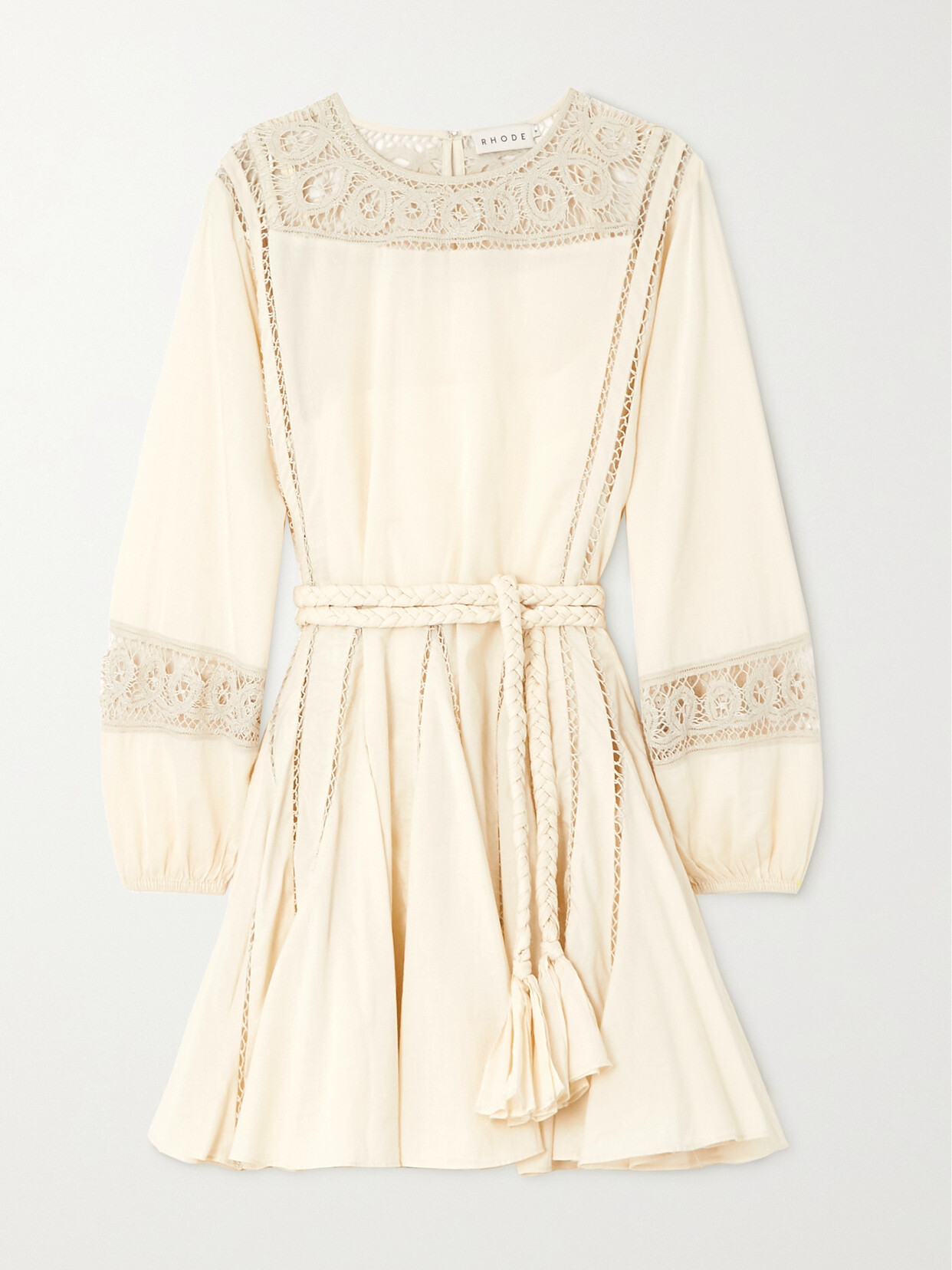 RHODE Ella Belted Crochet-trimmed Cotton Mini Dress - Cream