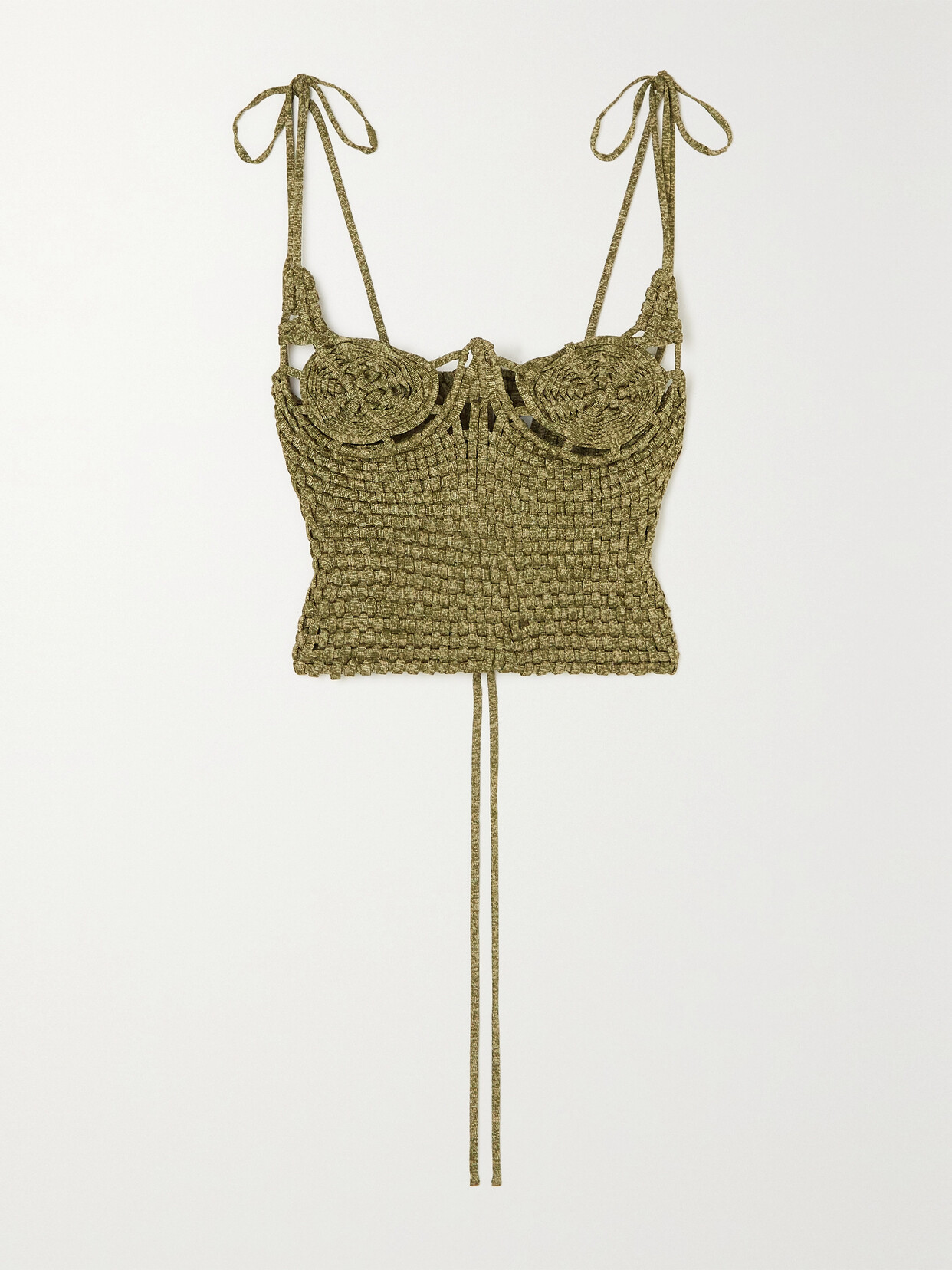 Isa Boulder - Spiralweave Cropped Lace-up Metallic Woven Jersey Bustier Top - Green