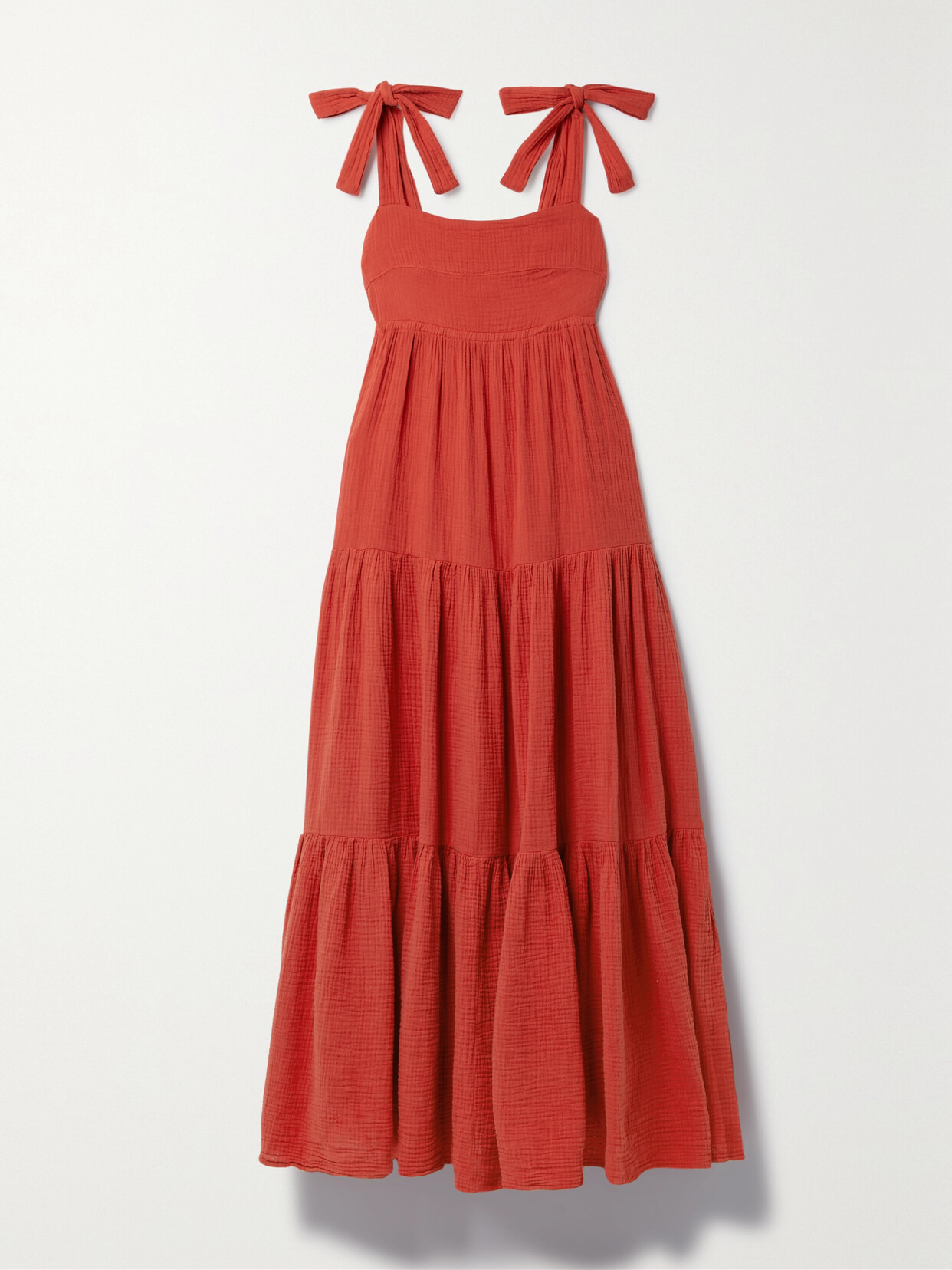 Honorine Marguerite Tiered Cotton-seersucker Maxi Dress In Red
