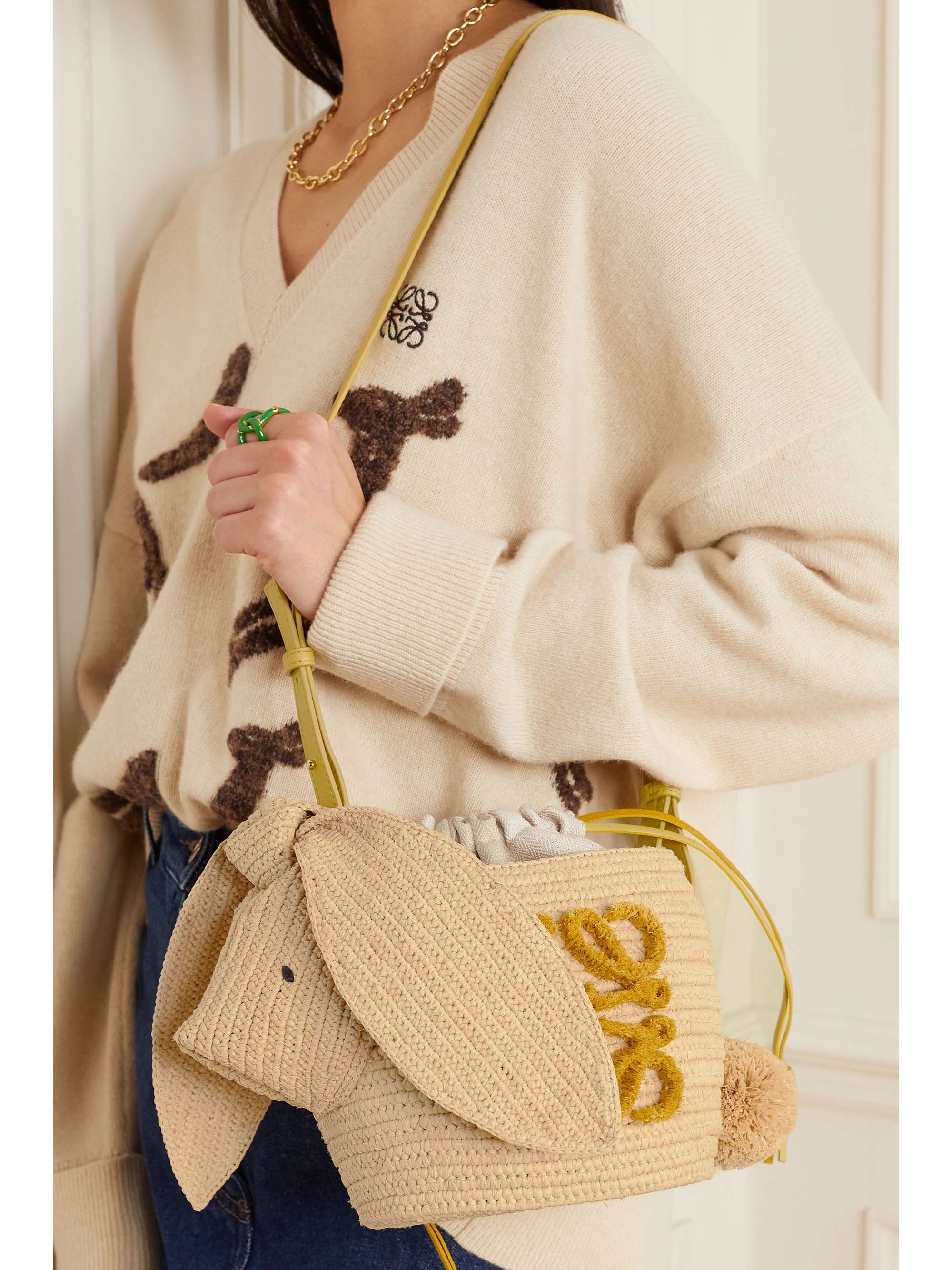 Bunny Bucket small leather-trimmed raffia shoulder bag