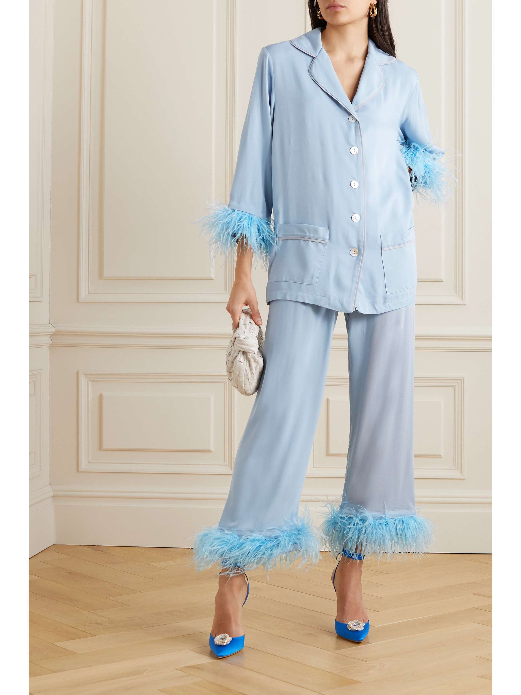 SLEEPER + NET SUSTAIN feather-trimmed twill pajama set
