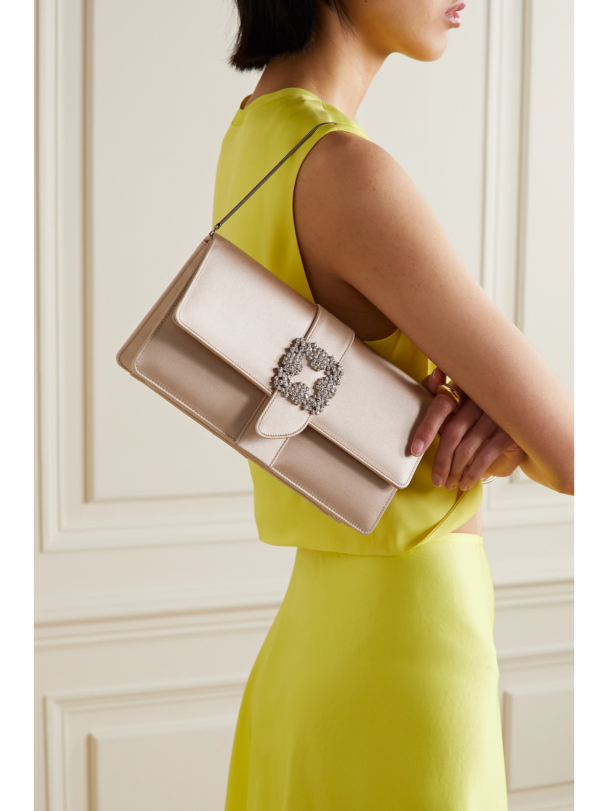 Shop Manolo Blahnik Capri Crystal-embellished Satin Clutch In Neutrals