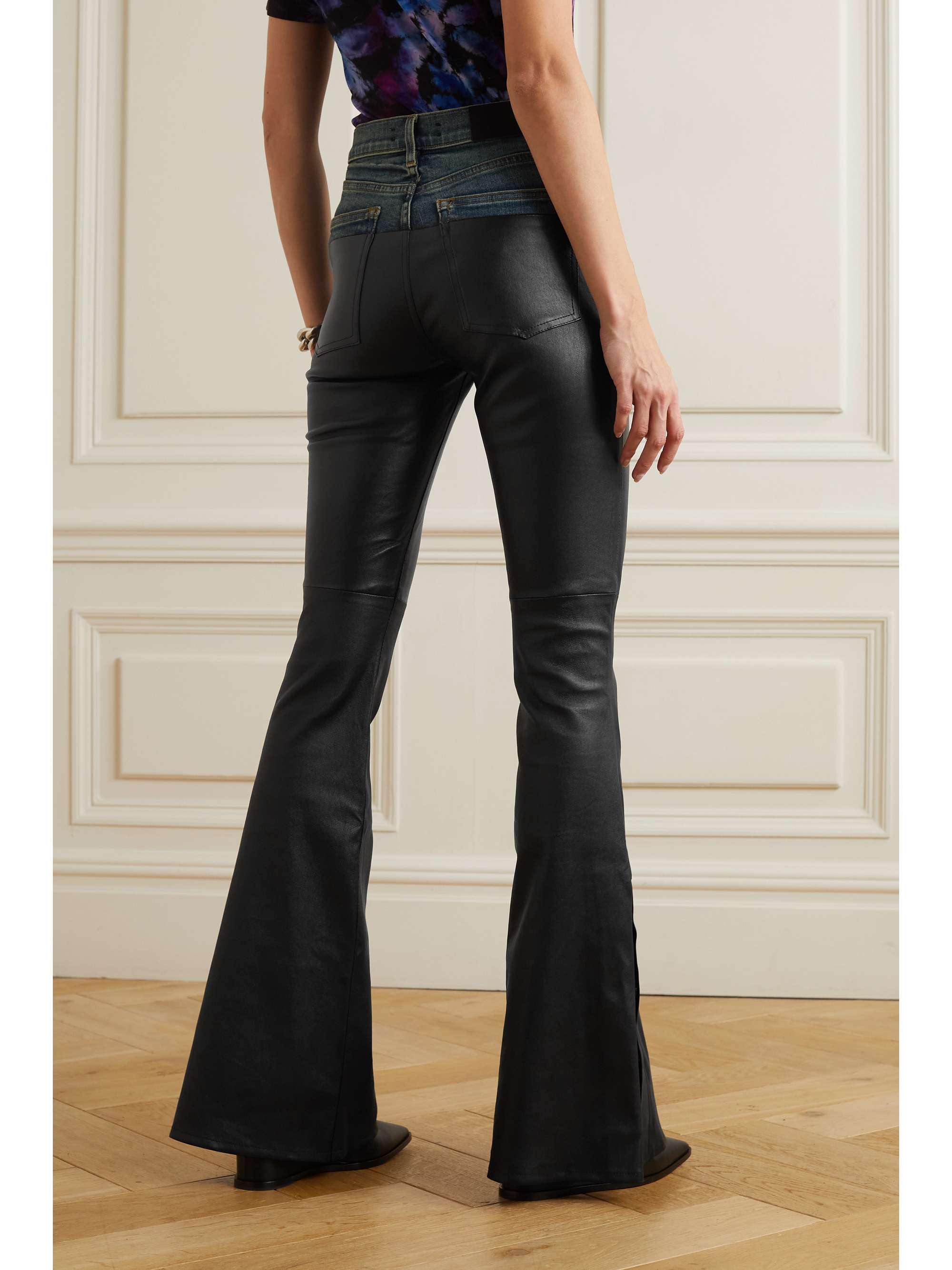 AMIRI Hybrid denim-trimmed leather flared jeans