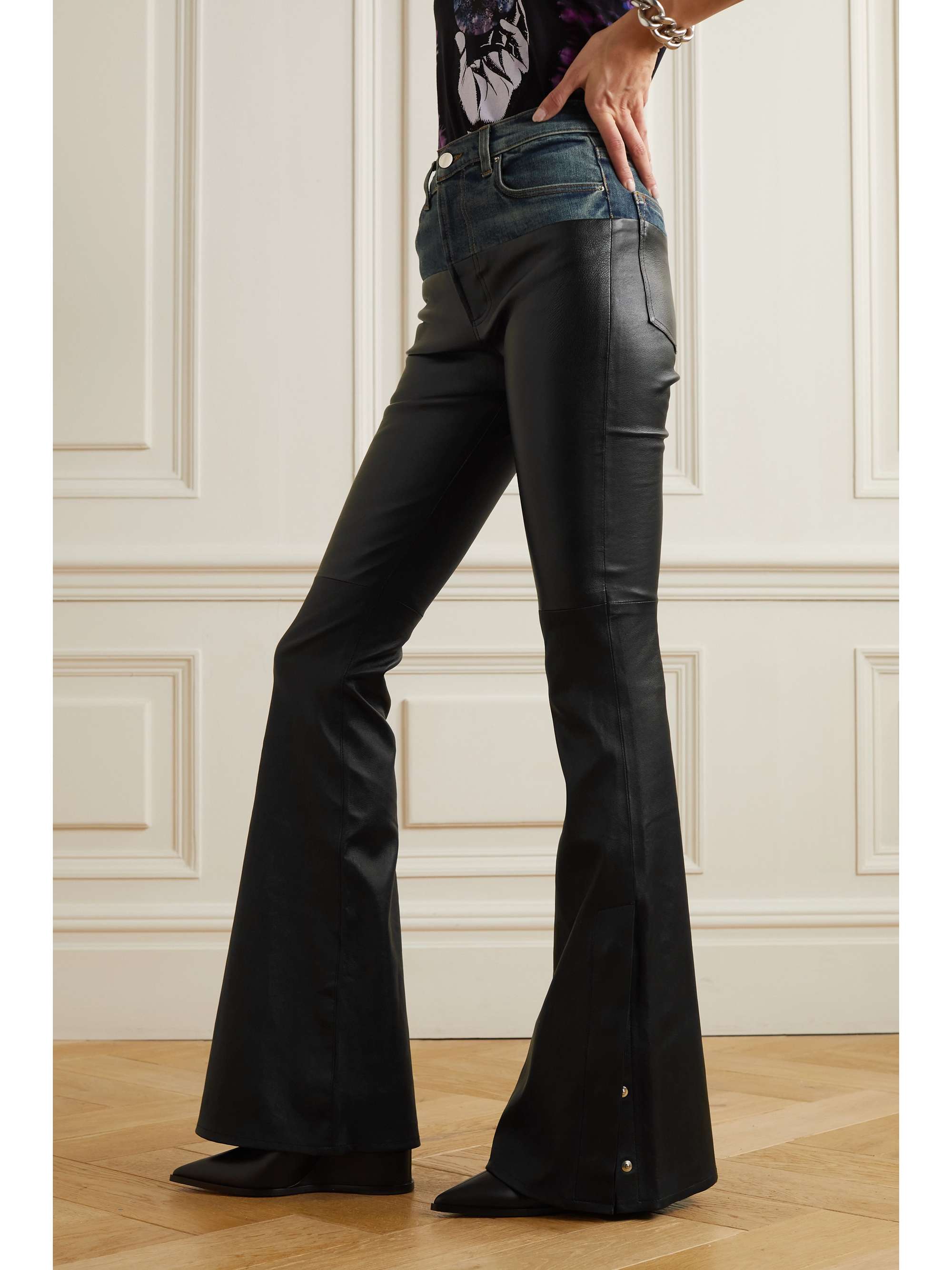 AMIRI Hybrid denim-trimmed leather flared jeans