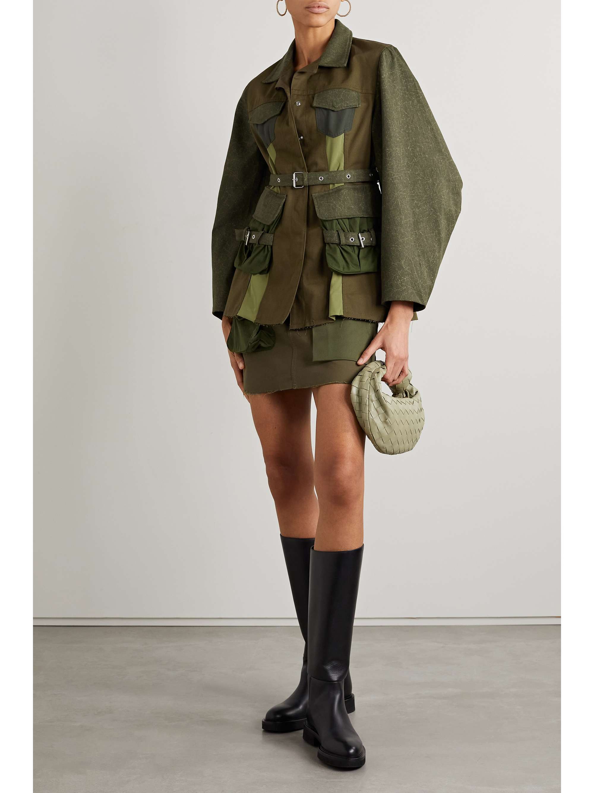 Marques' Almeida's belted patchwrok cotton-canvas twill jacket in neutral khaki tones from the 'ReM'Ade' collection - each panel in the patchwork design is upcycled from leftover fabric that would have otherwise gone to waste. Made from cotton-canvas and twill, it's designed for a slightly loose fit with billowy sleeves and a belt that emphasizes your shape.