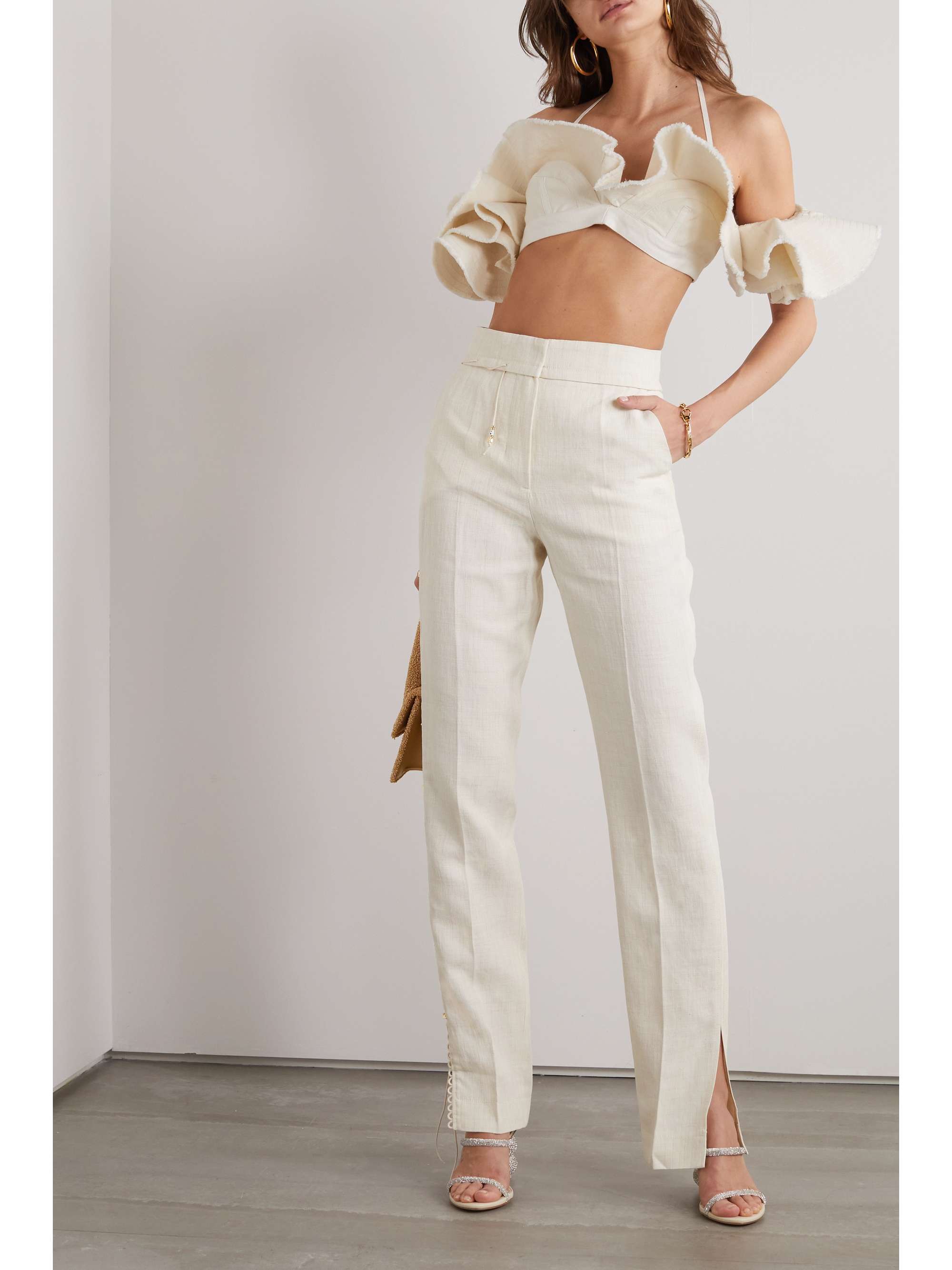 JACQUEMUS 아티쇼 크롭 콜드 숄더 코튼 캔버스 탑