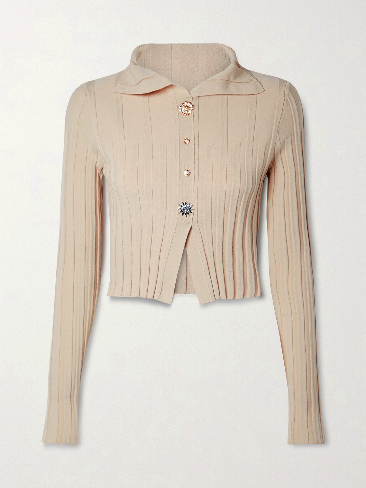 Jacquemus Bando Cropped Button-embellished Ribbed-knit Cardigan In Neutral