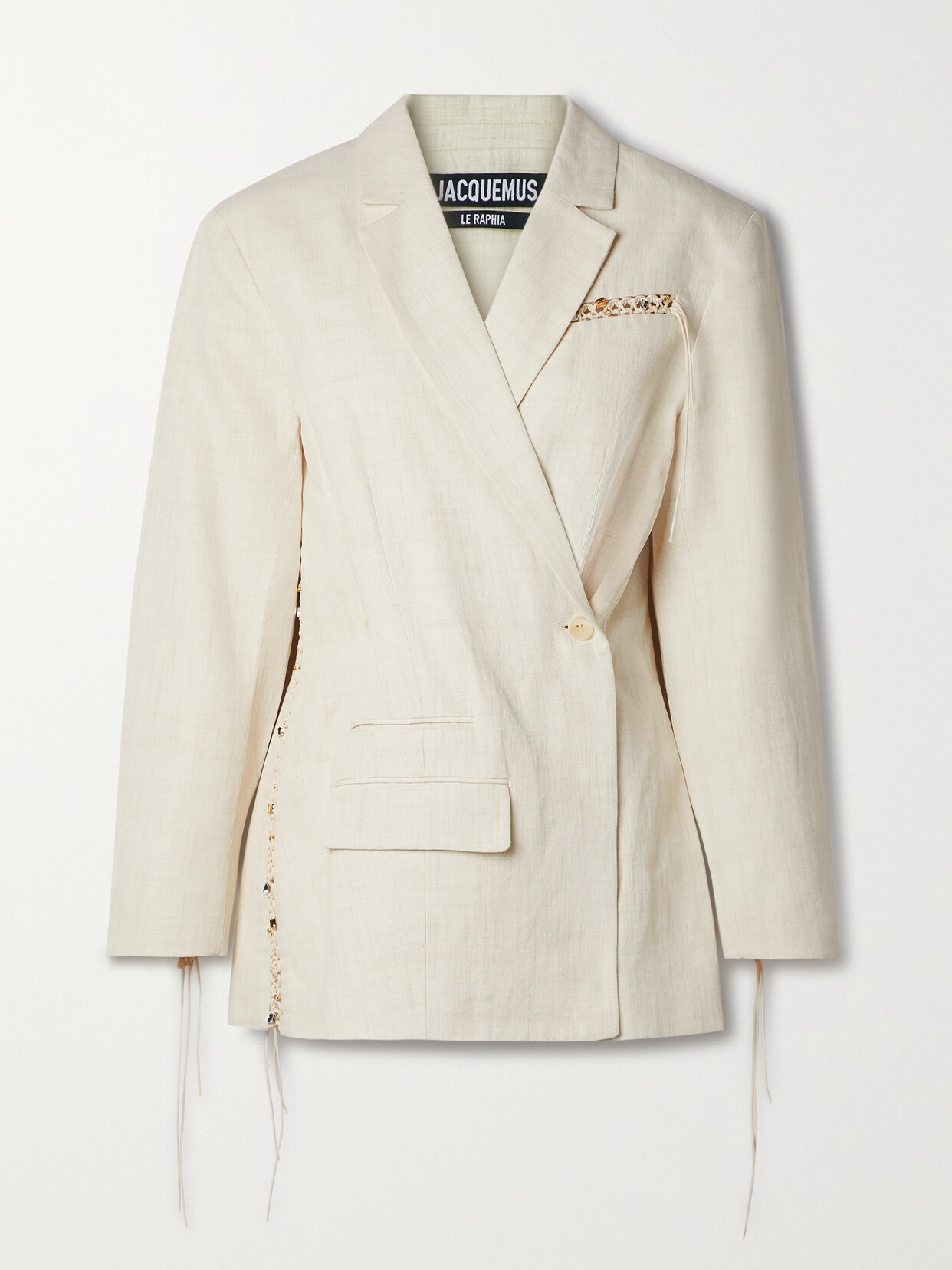 JACQUEMUS TIBAU EMBELLISHED FRINGED MACRAMÉ-TRIMMED LINEN-BLEND BLAZER