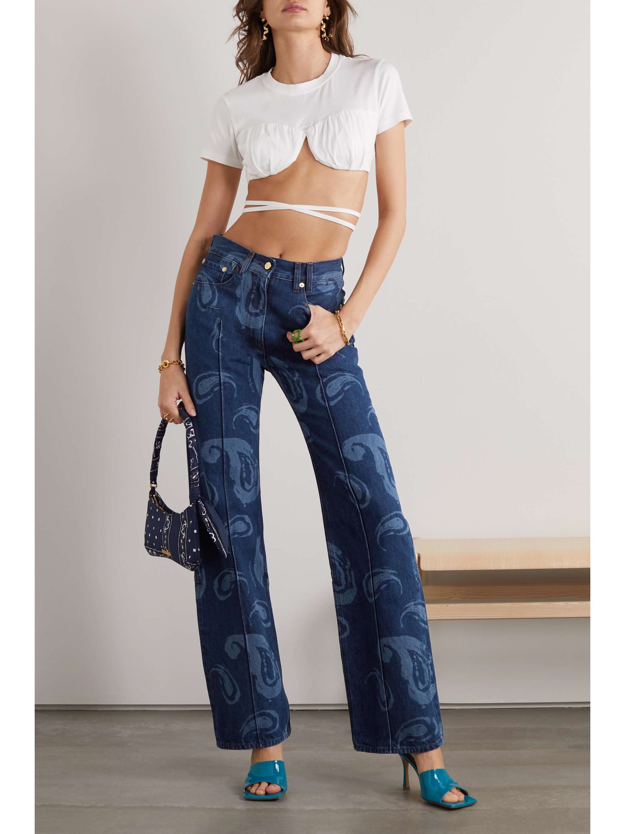 JACQUEMUS Le Raphia embroidered beaded straight-leg jeans