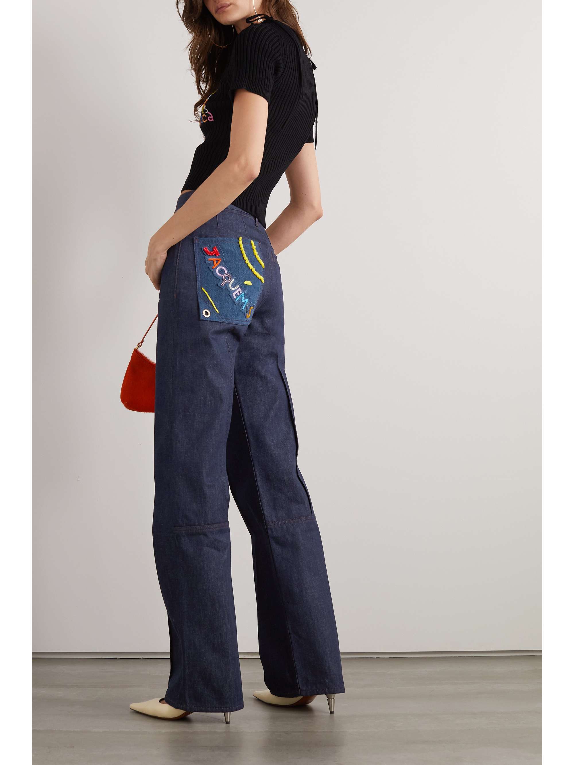 JACQUEMUS Le Raphia embroidered beaded straight-leg jeans | NET-A-PORTER