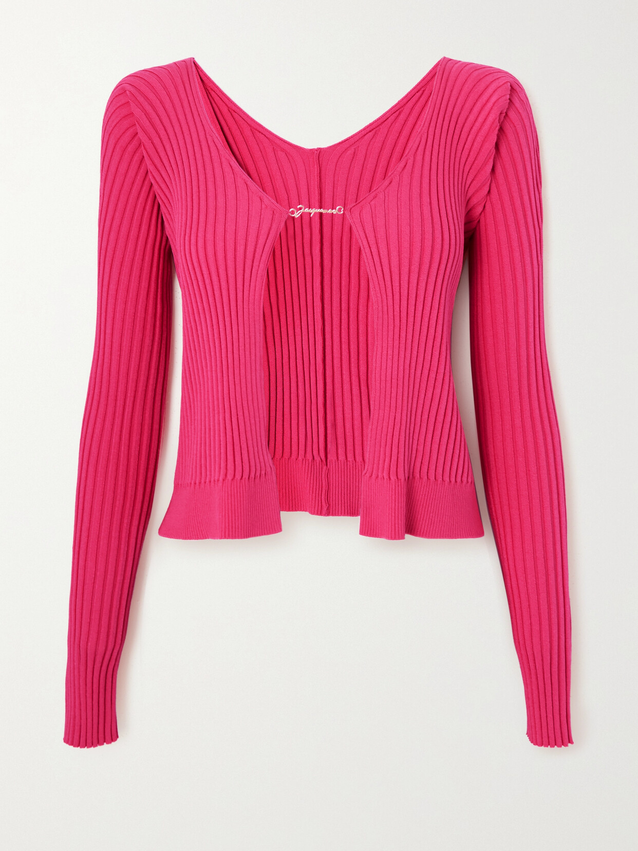 Jacquemus Pralù Cropped Embellished Ribbed-knit Cardigan In Pink