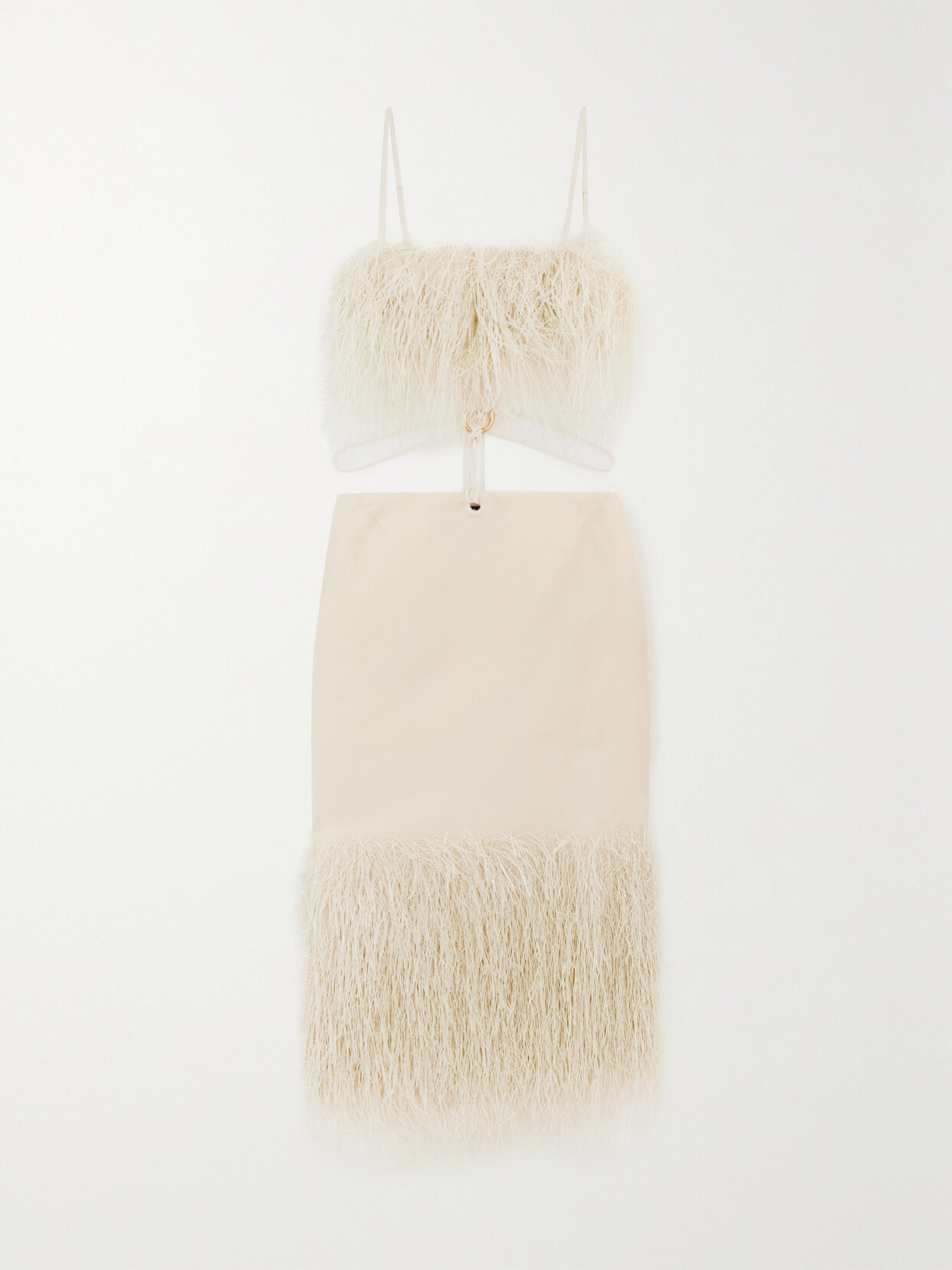 Jacquemus - Cutout Leather And Raffia-trimmed Cotton-blend Canvas Midi Dress - Ivory