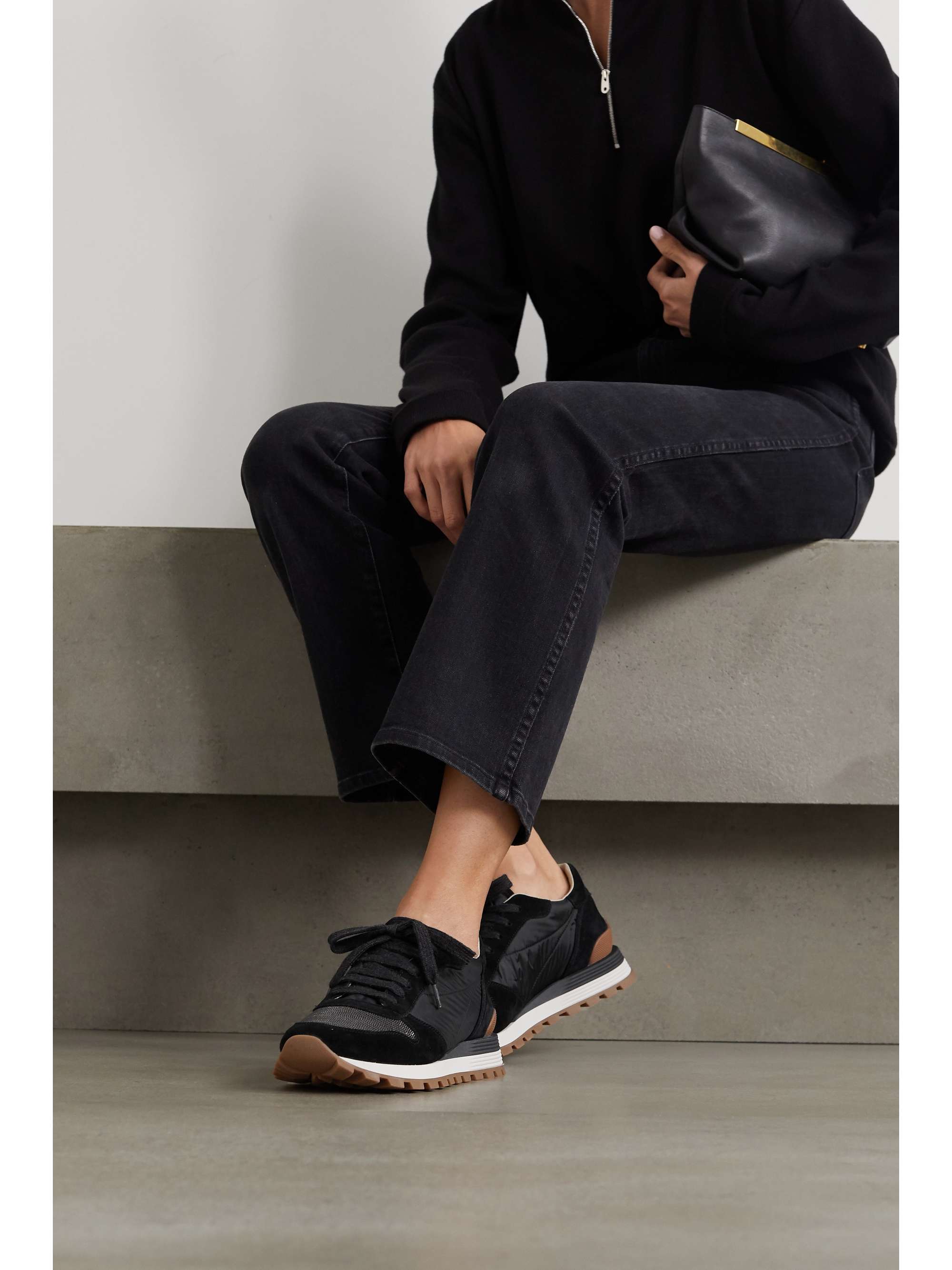 BRUNELLO CUCINELLI Bead-embellished nylon and suede sneakers