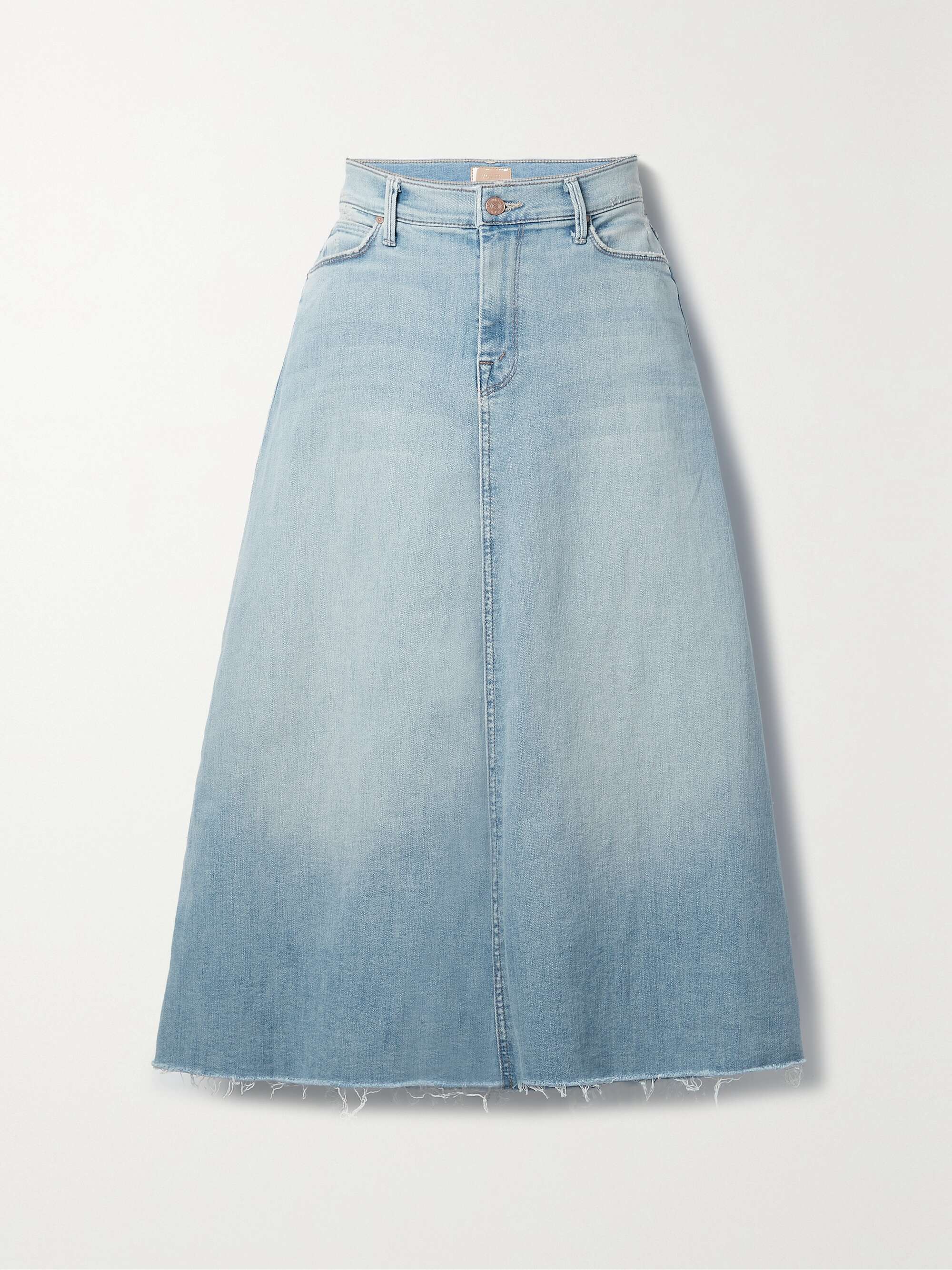 Light denim The Circle frayed denim midi skirt MOTHER NETAPORTER