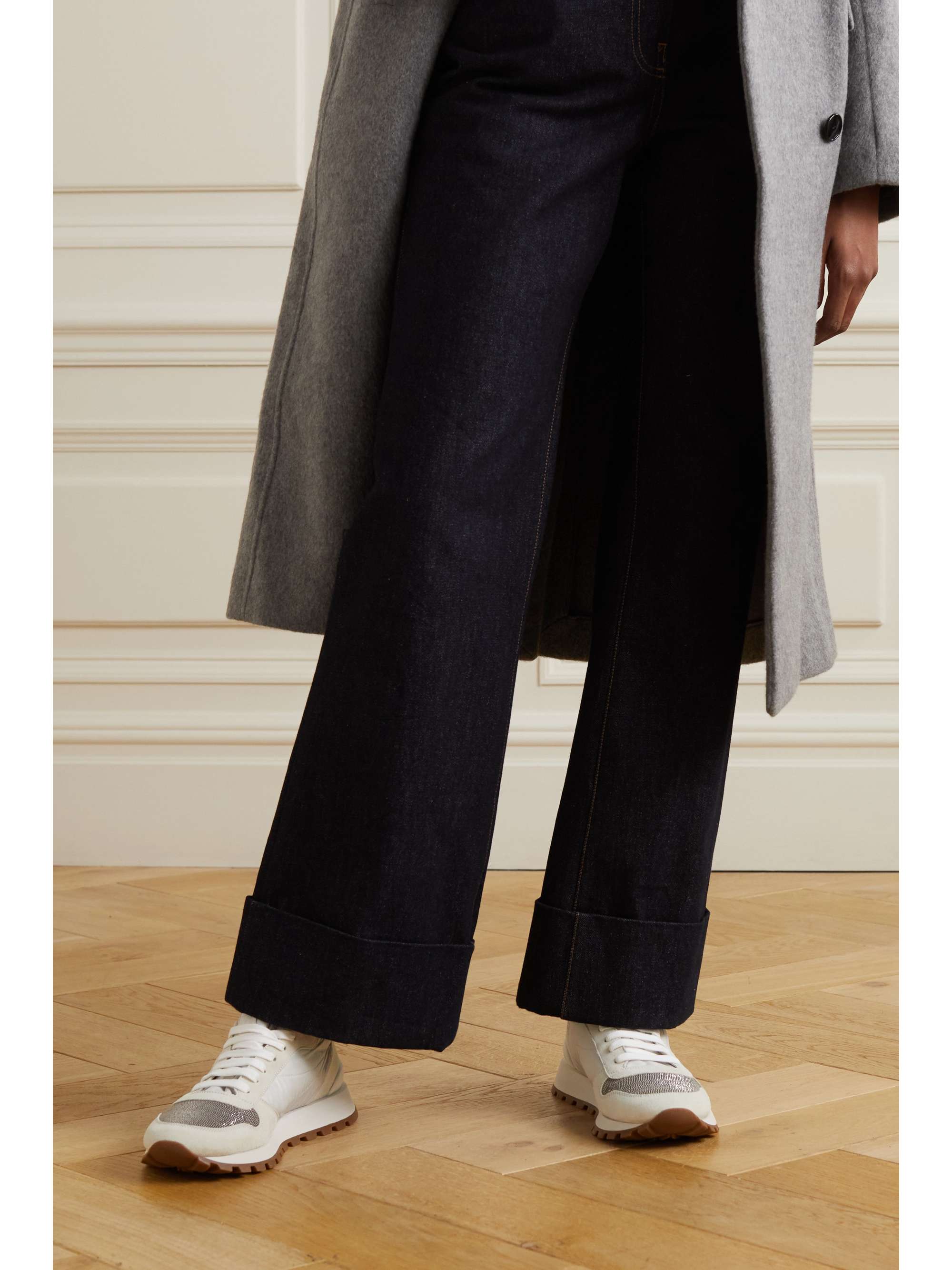 BRUNELLO CUCINELLI Bead-embellished nylon and suede sneakers