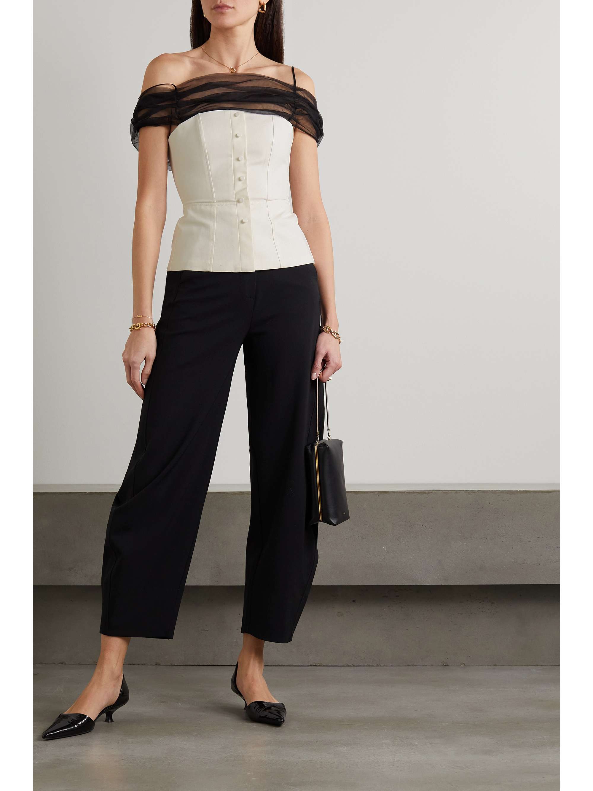 RENAISSANCE RENAISSANCE Madame tulle-trimmed cotton and linen-blend bustier top