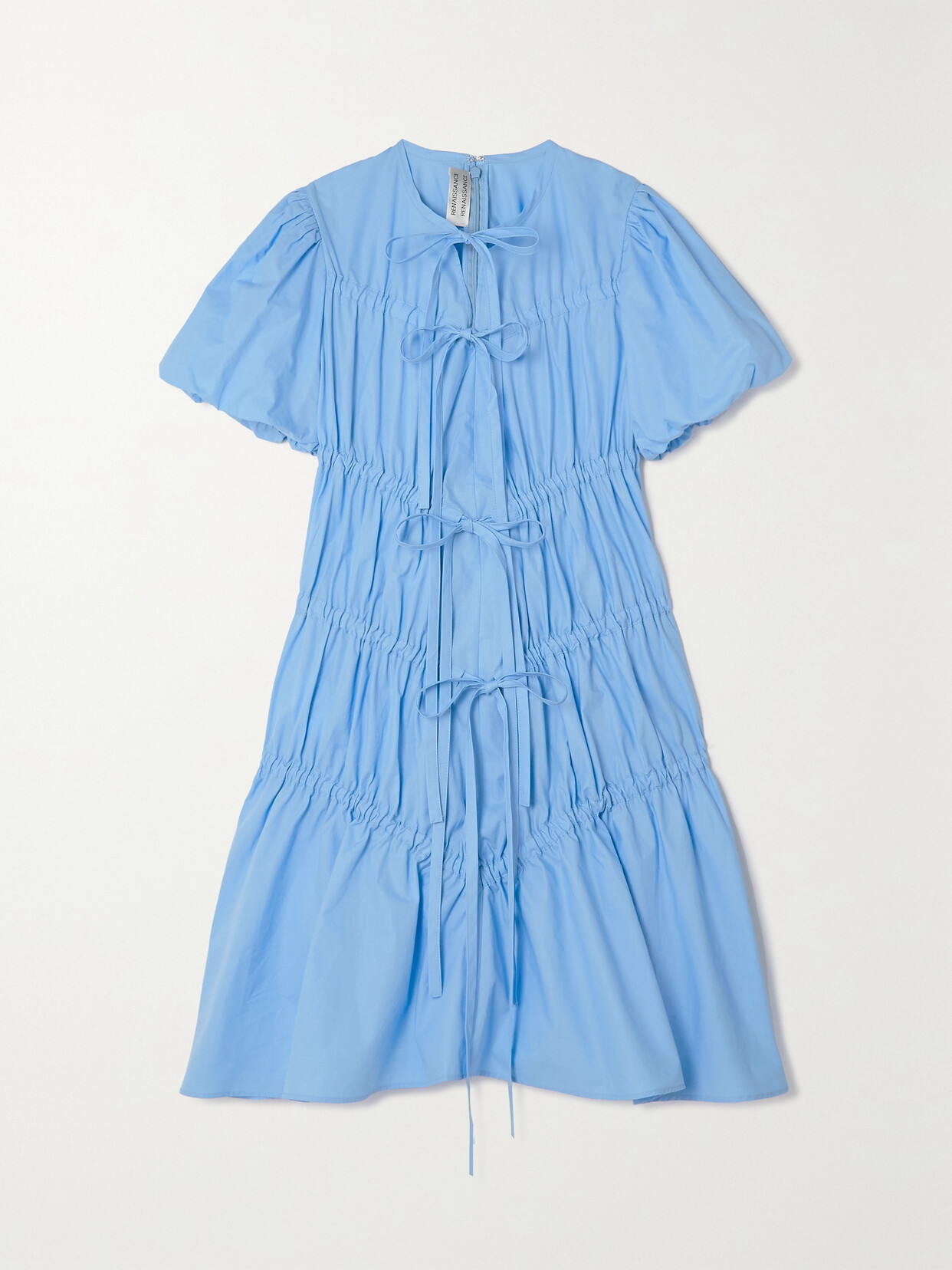 RENAISSANCE RENAISSANCE Crimi Tie-detailed Ruched Cotton-poplin Mini Dress - Blue