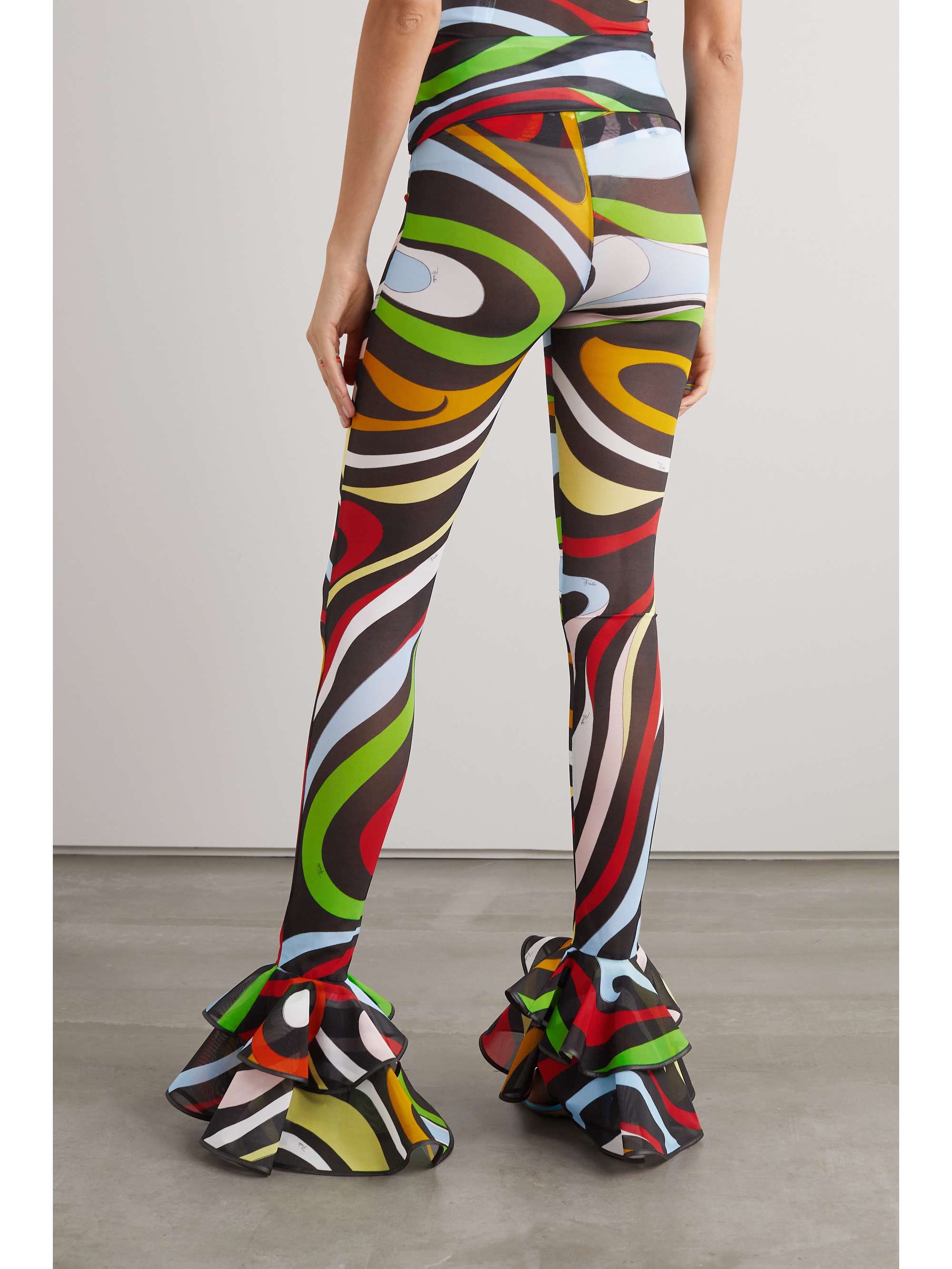 PUCCI Printed ruffled stretch-mesh skinny pants