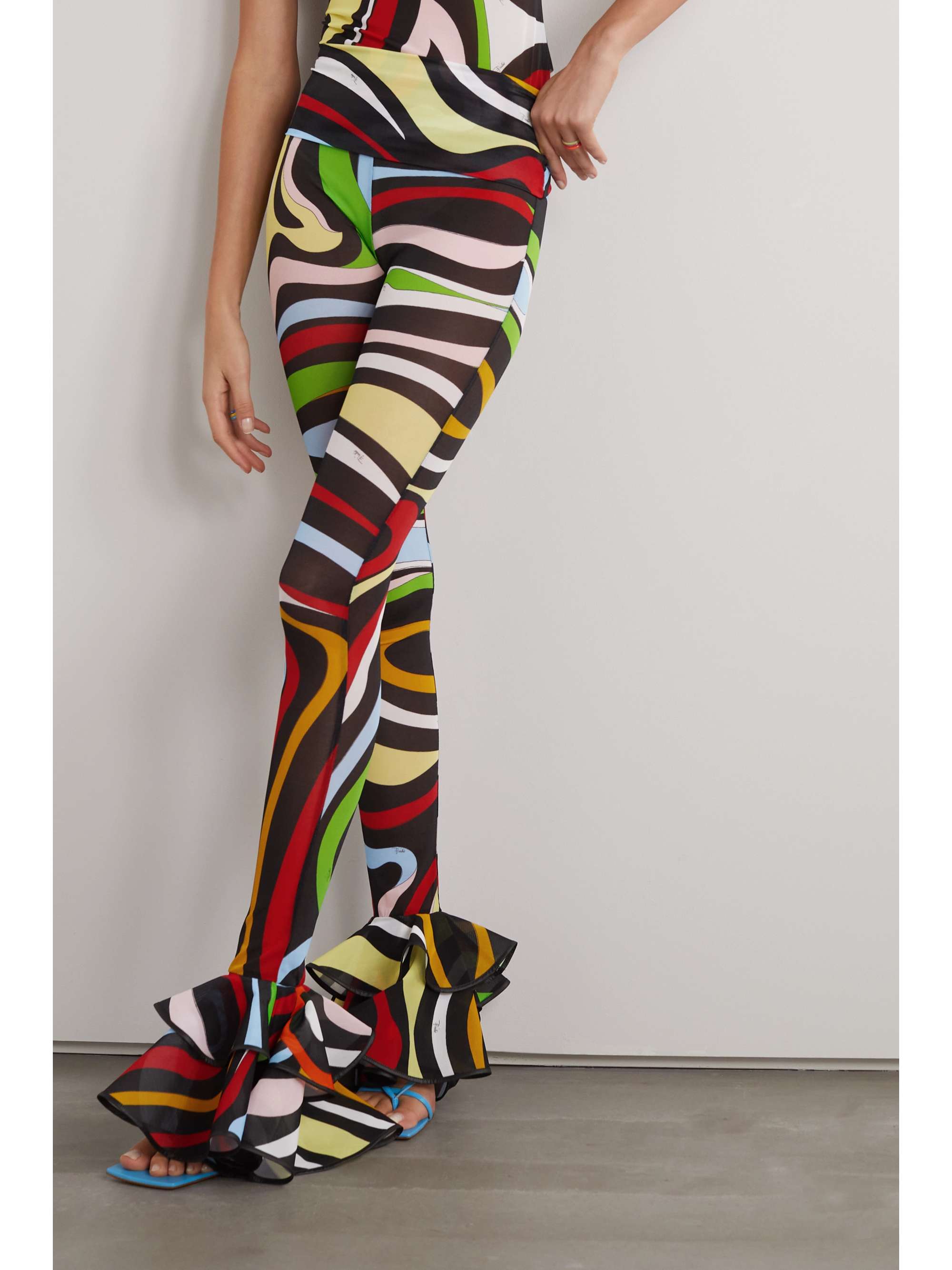 PUCCI Printed ruffled stretch-mesh skinny pants