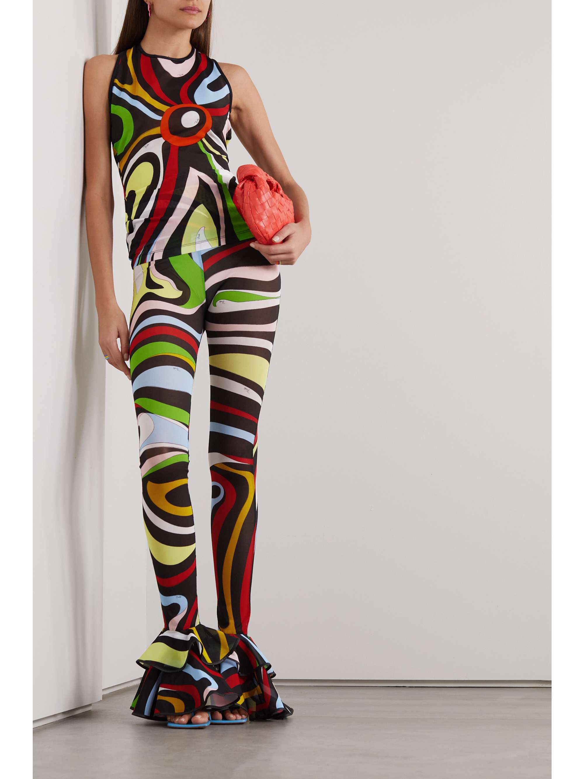 PUCCI Printed ruffled stretch-mesh skinny pants