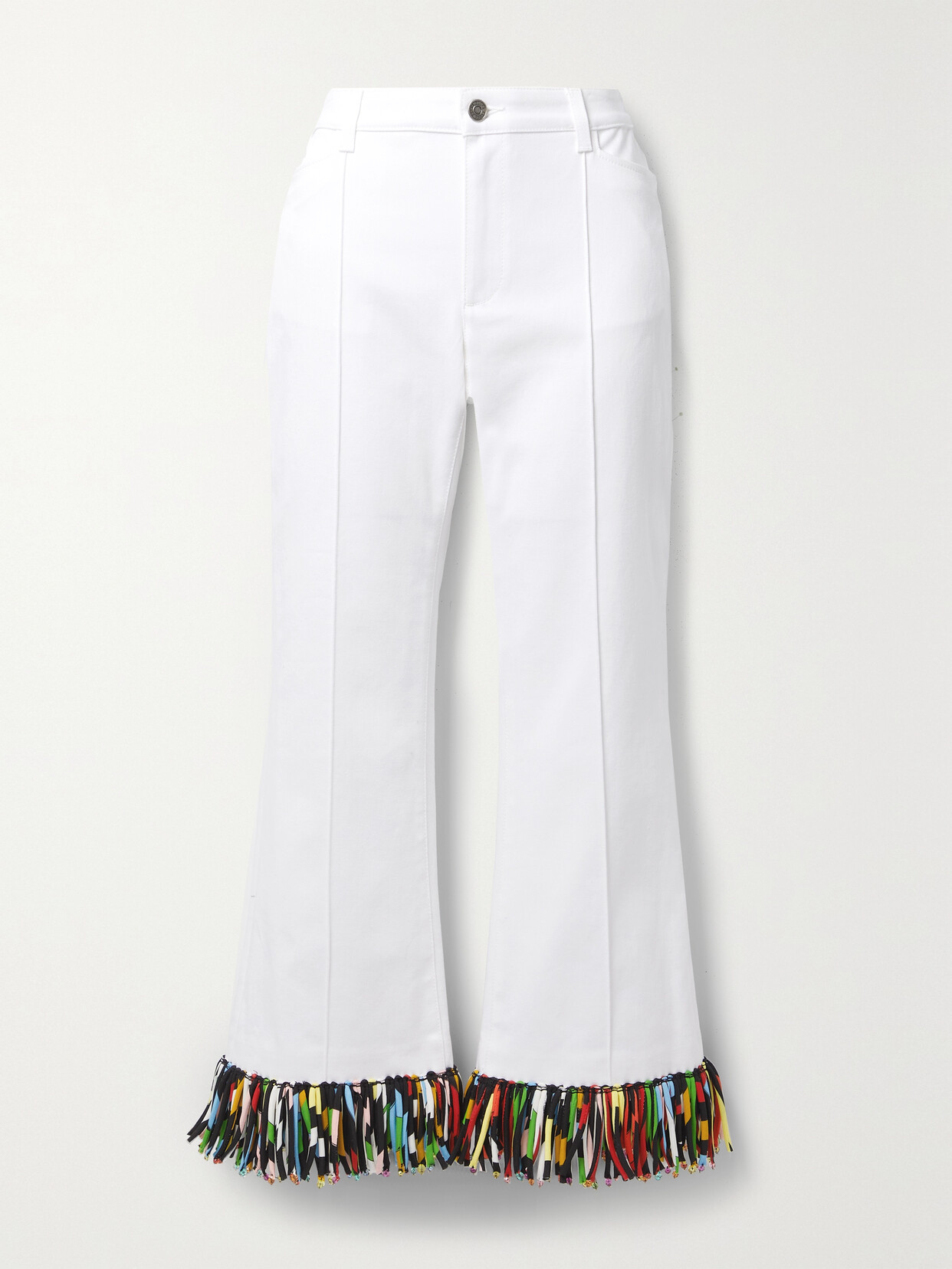 Shop Pucci Embellished Fringed Silk-trimmed Stretch-cotton Drill Straight-leg Pants In White