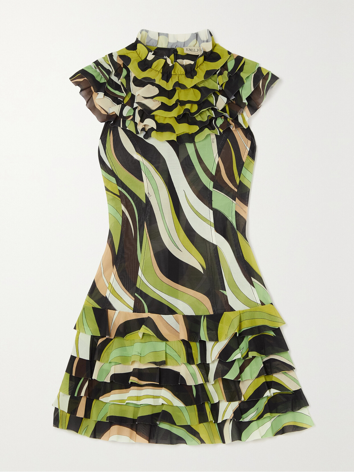 Pucci Ruffled Tiered Printed Stretch-mesh Mini Dress In Green