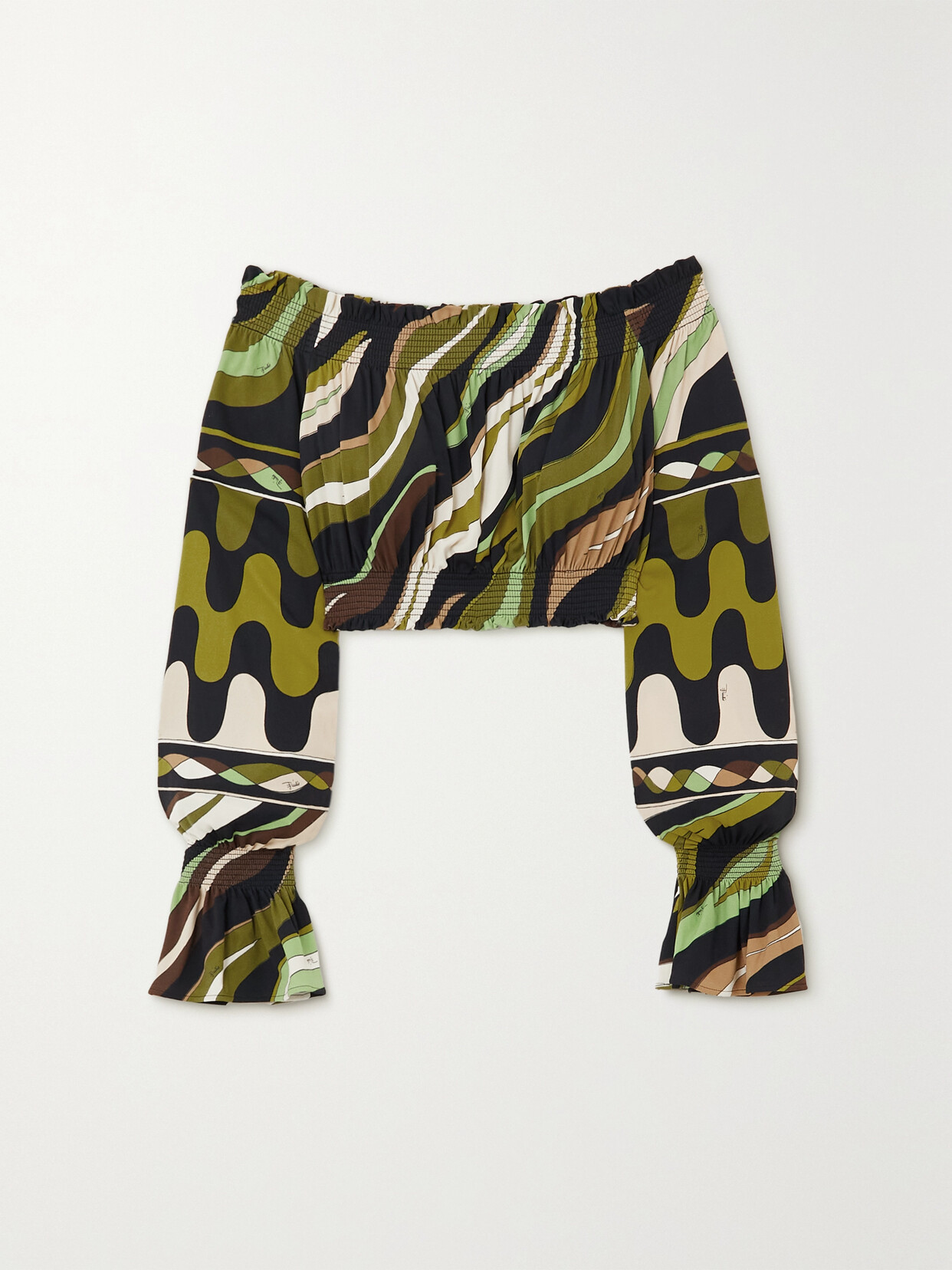 Pucci Cropped Off-the-shoulder Printed Crepe Top In Black And Khaki