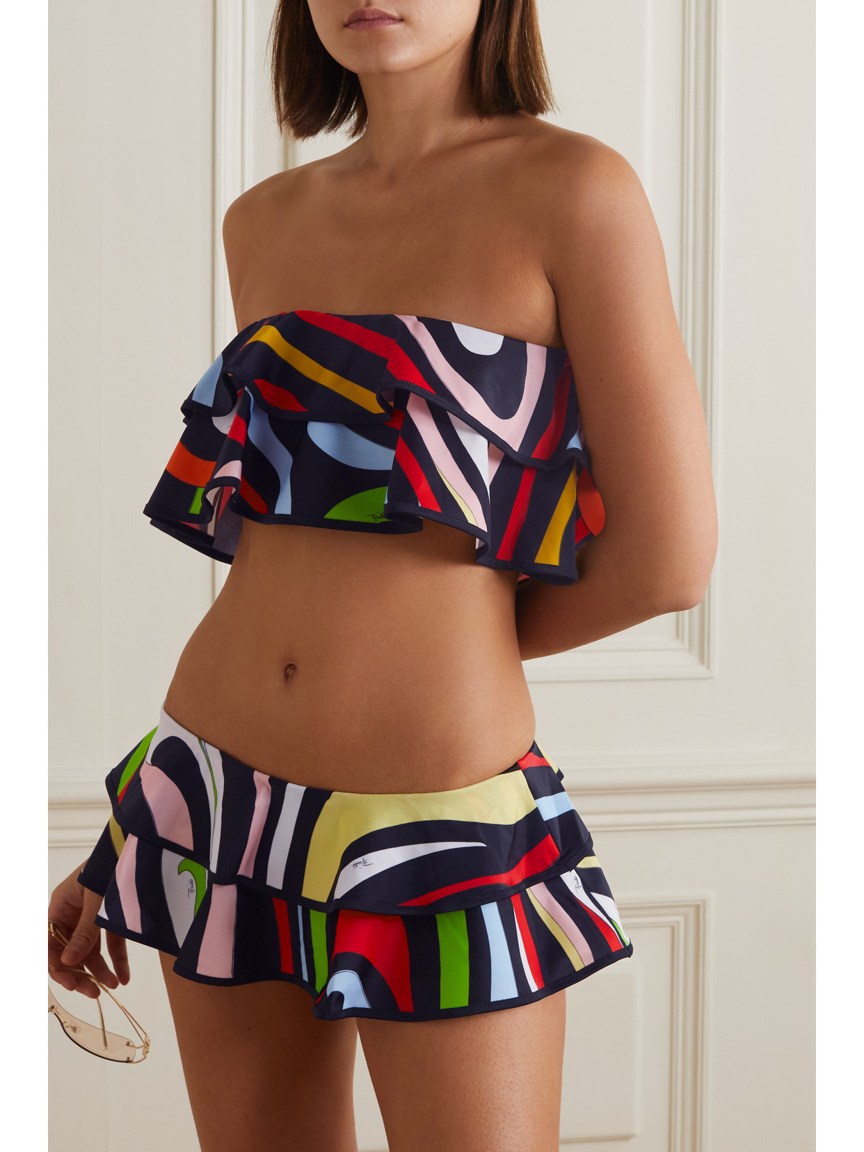 Pucci Marmo Printed Ruffled Bandeau Bikini Top In Black