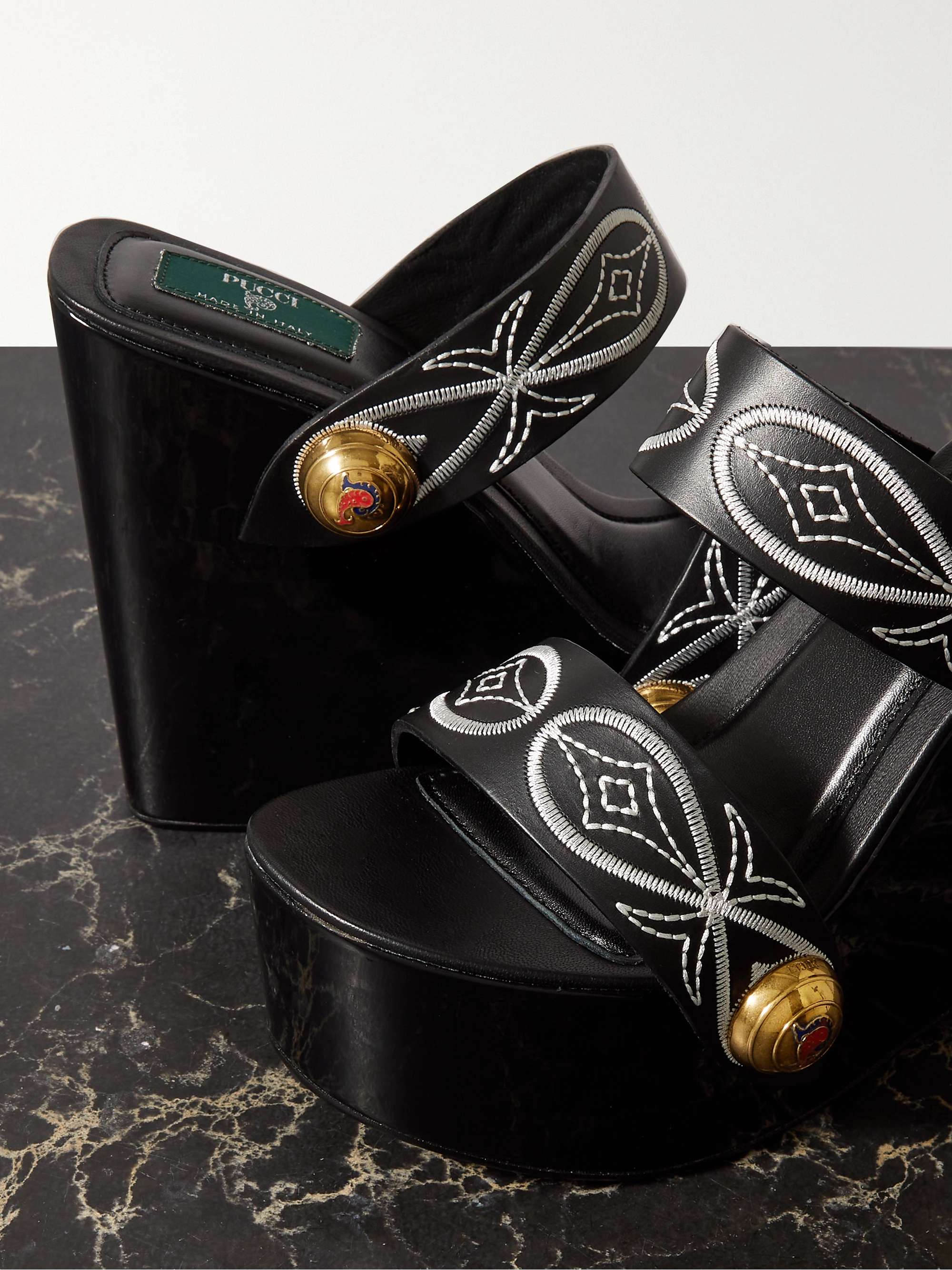PUCCI Embellished embroidered leather wedge sandals