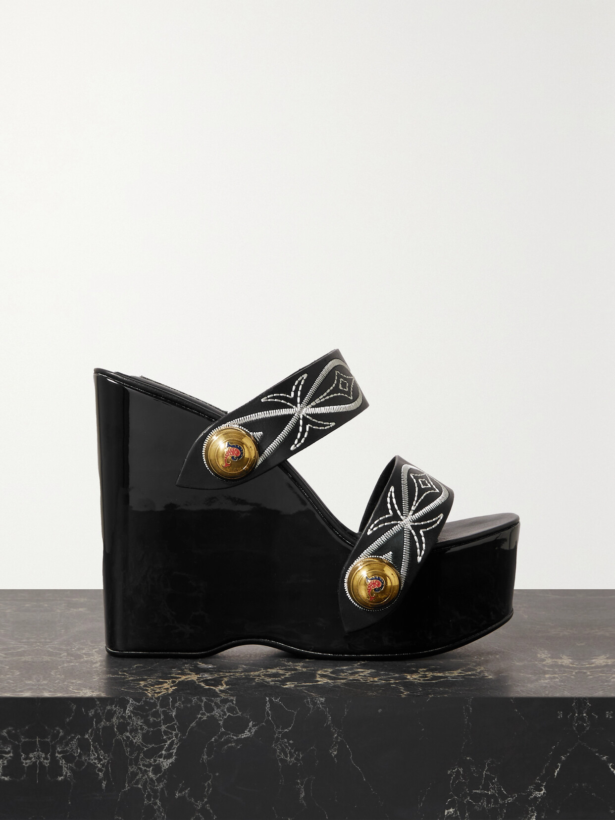 Shop Pucci Embellished Embroidered Leather Wedge Sandals In Black