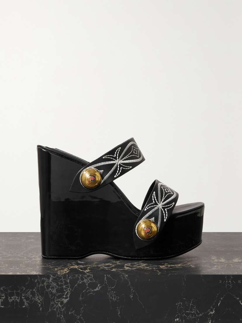 PUCCI Embellished Embroidered Leather Wedge Sandals