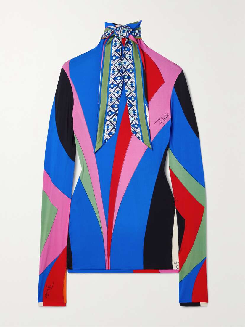 PUCCI Tie-detailed Printed Silk-twill Trimmed Stretch-jersey Top - x large
