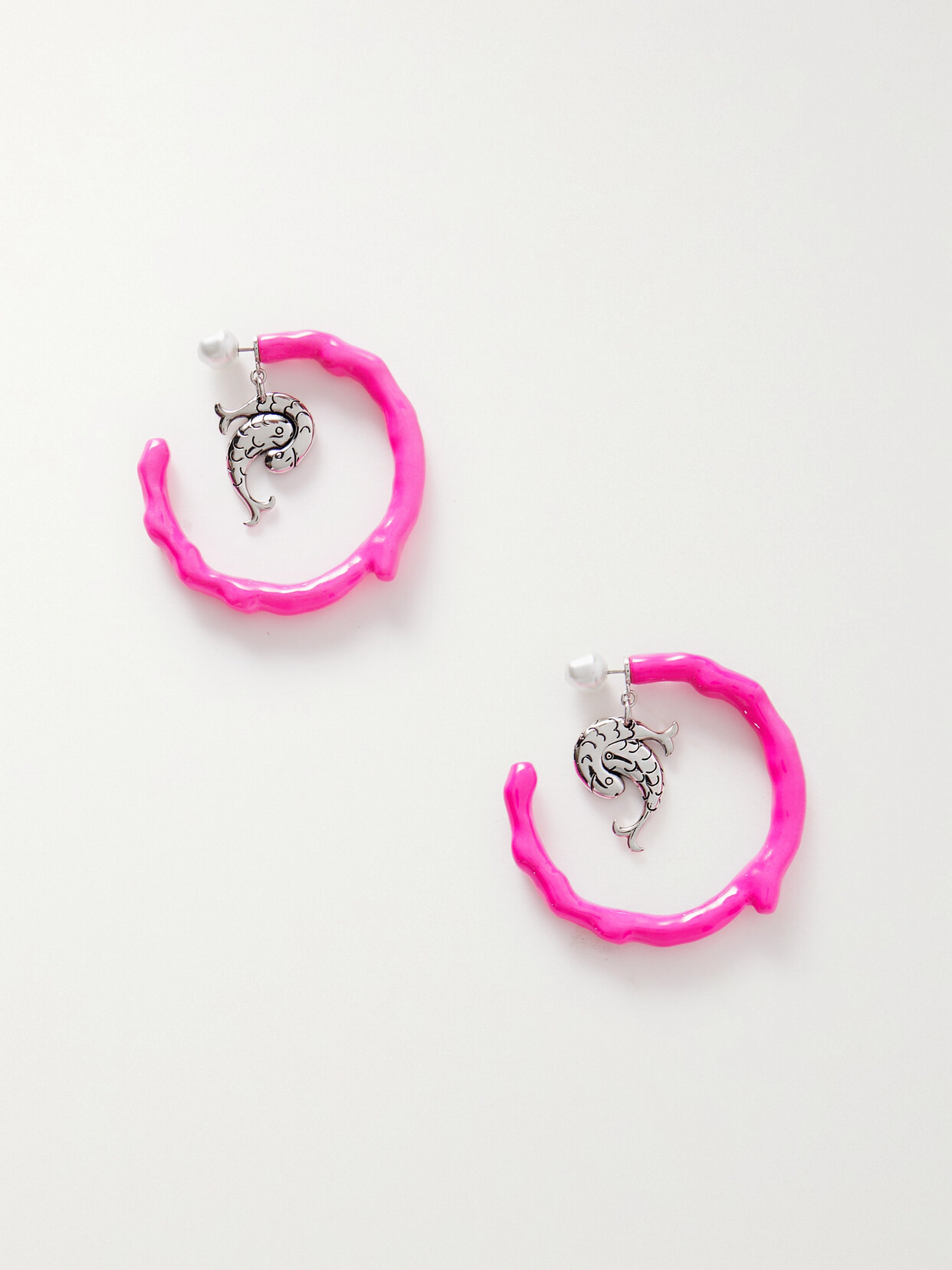 Shop Pucci Pesci Silver-tone, Resin And Faux Pearl Hoop Earrings In Pink