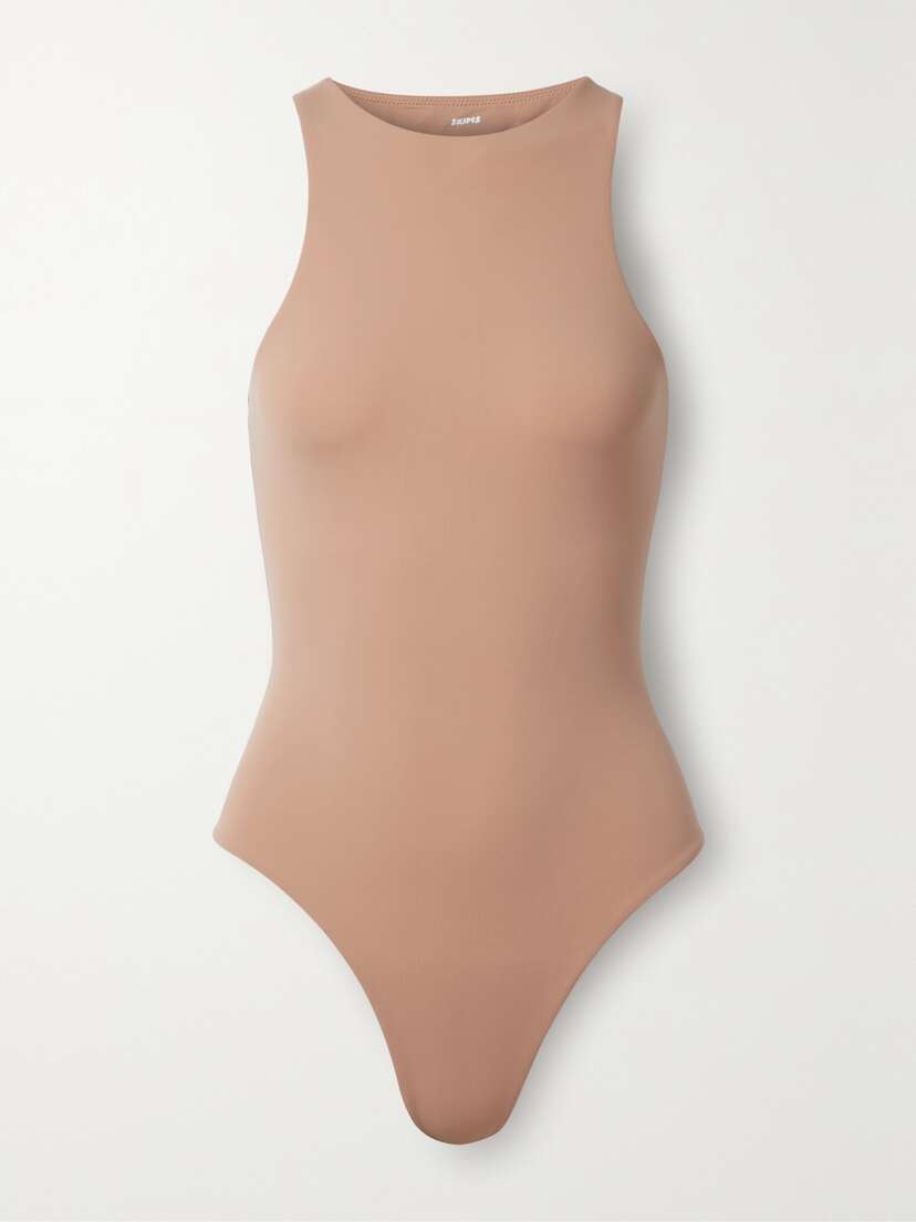 Skims Fits Everybody Stretch Satin-jersey Thong Bodysuit - Ochre