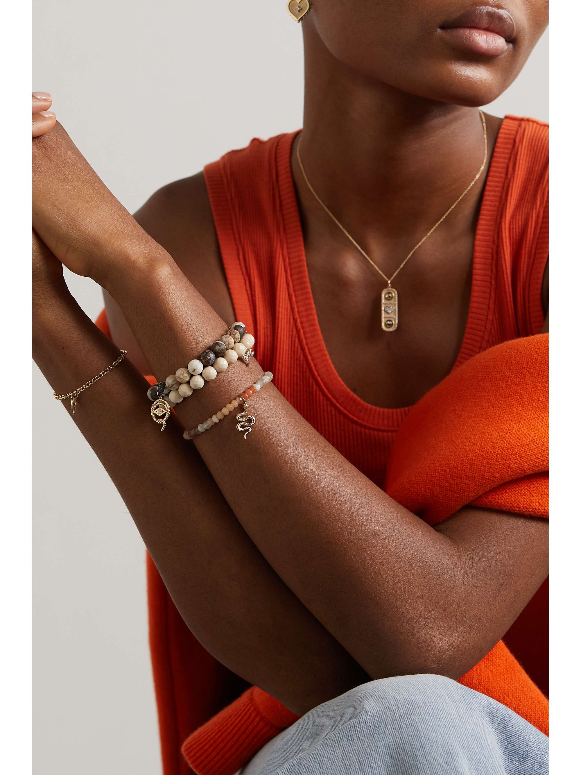 SYDNEY EVAN Snake 14-karat gold, moonstone and diamond bracelet