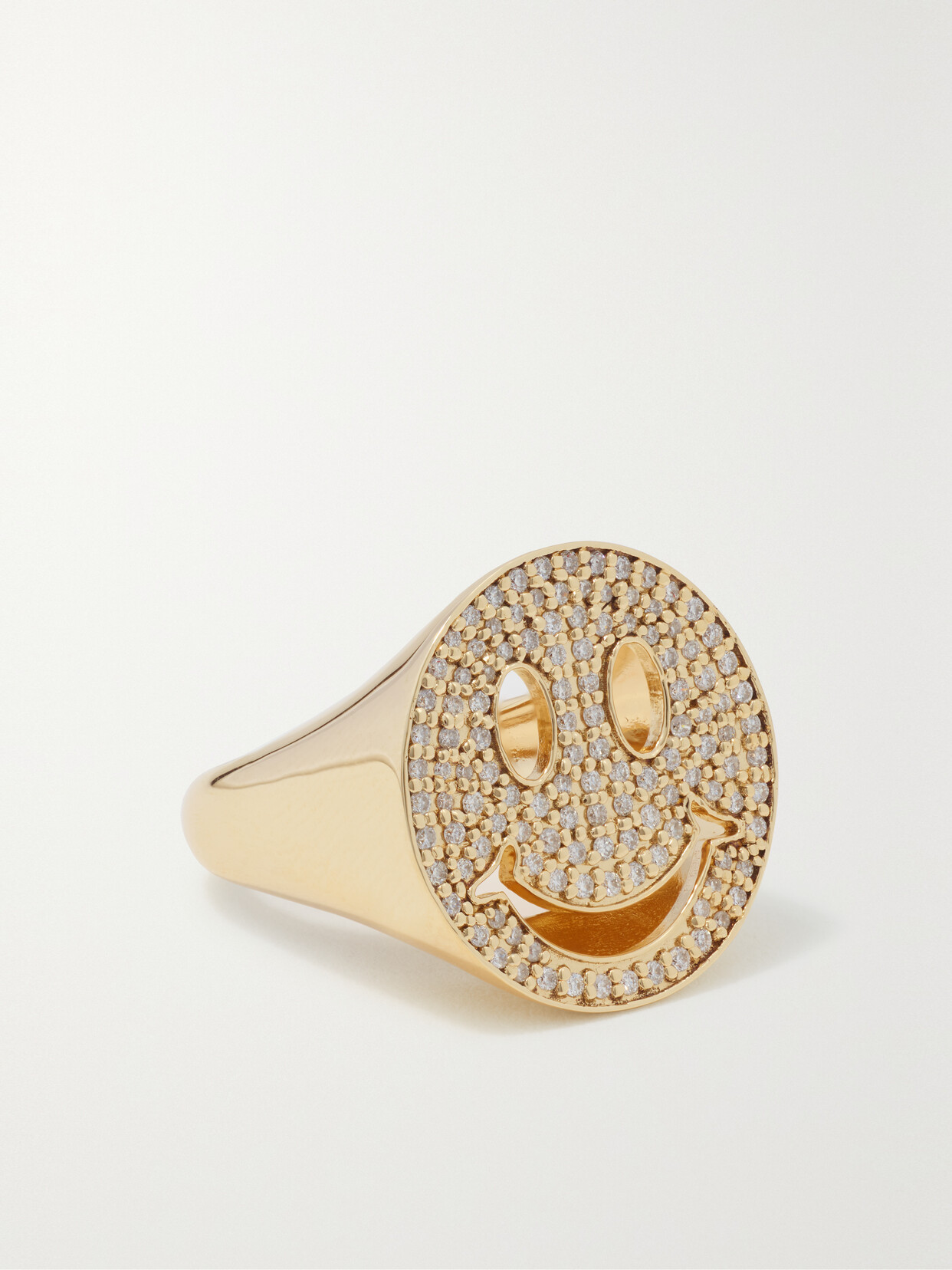 Sydney Evan - Large Happy Face 14-karat Gold Diamond Signet Ring - 3