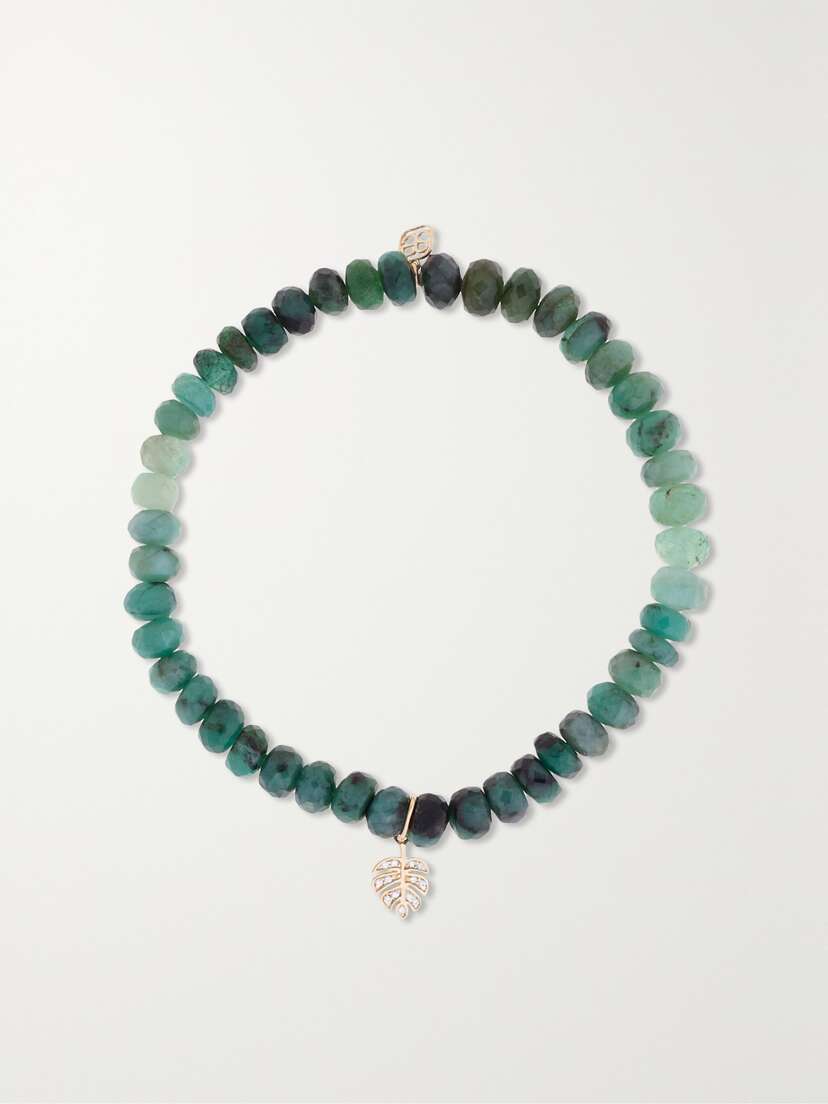 Sydney Evan Tiny Monstera Leaf 14-karat Gold, Emerald And Diamond Bracelet