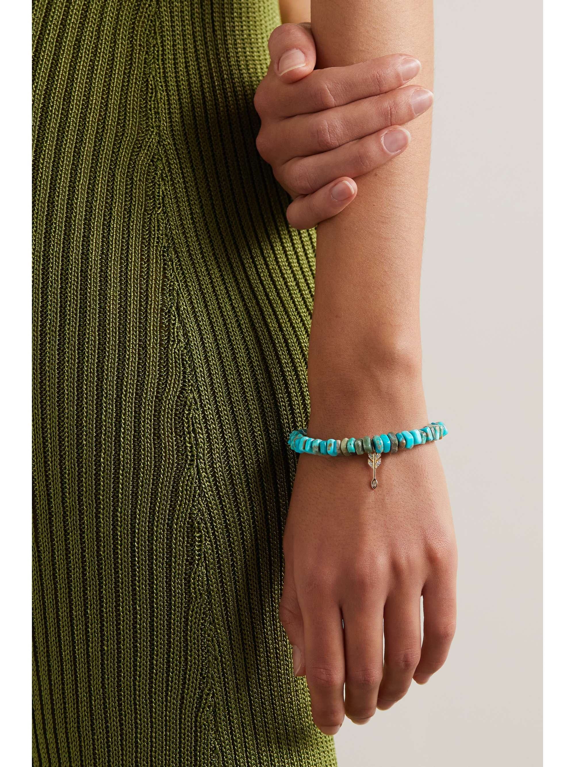 SYDNEY EVAN Small Arrow 14-karat gold, turquoise and diamond bracelet