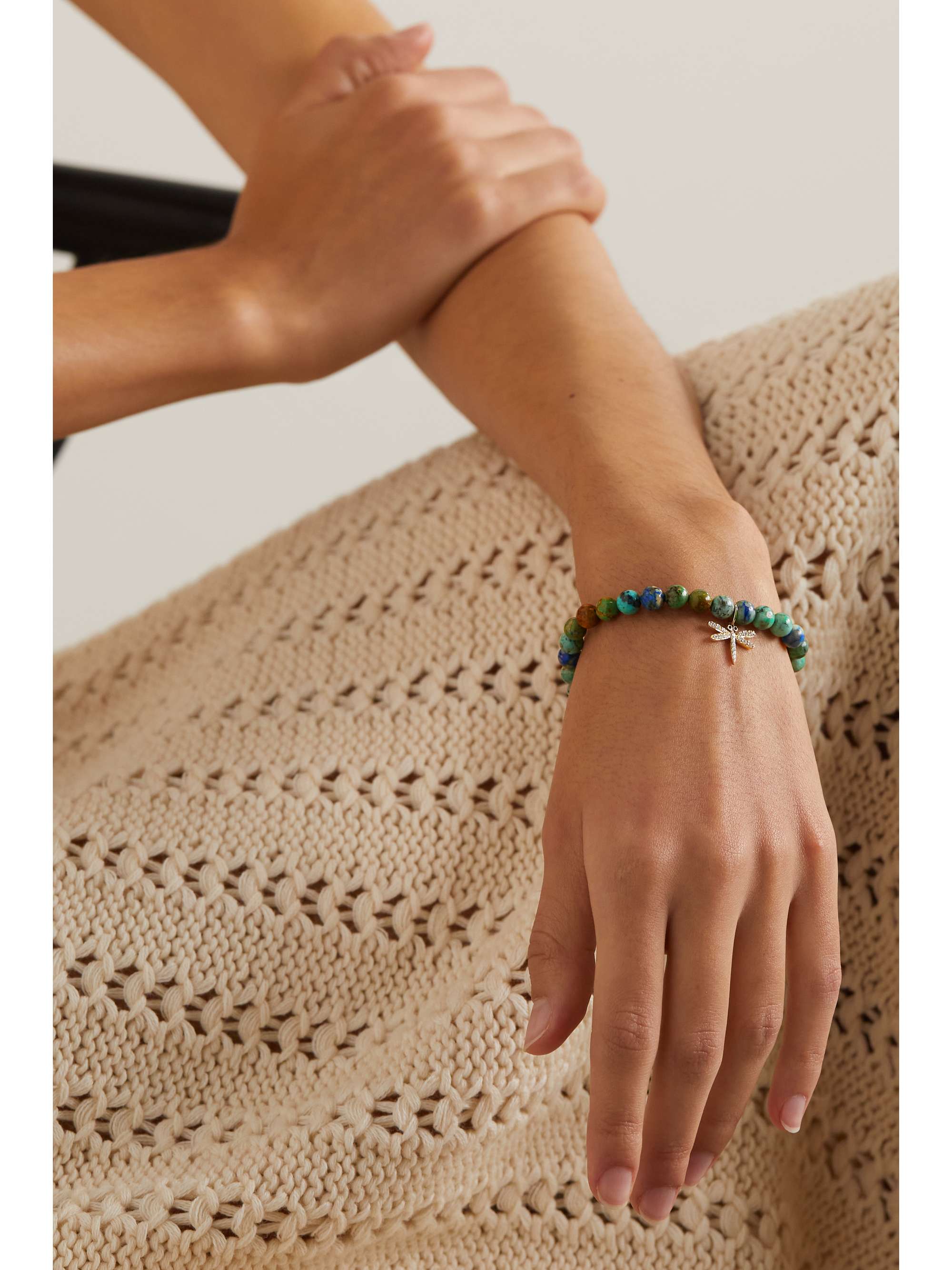 SYDNEY EVAN Dragonfly 14-karat gold, chrysocolla and diamond bracelet