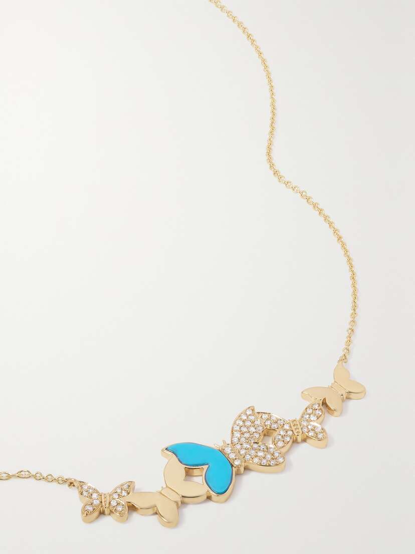 Sydney Evan Small Butterfly 14-karat Gold, Diamond And Turquoise Necklace