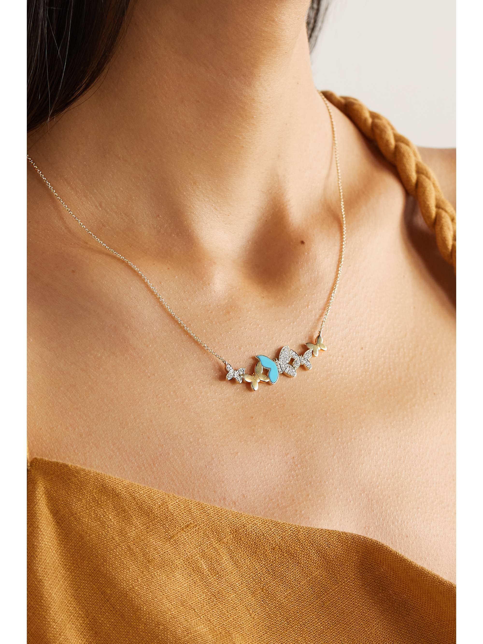 SYDNEY EVAN Small Butterfly 18-karat gold, diamond and turquoise necklace
