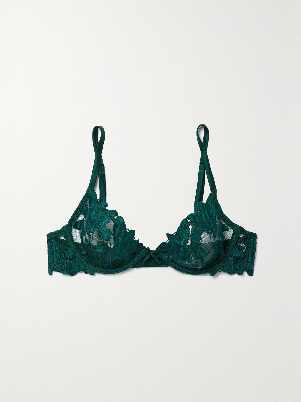 Fleur du Mal Lily Embroidered Satin And Tulle Underwired Bra - Green
